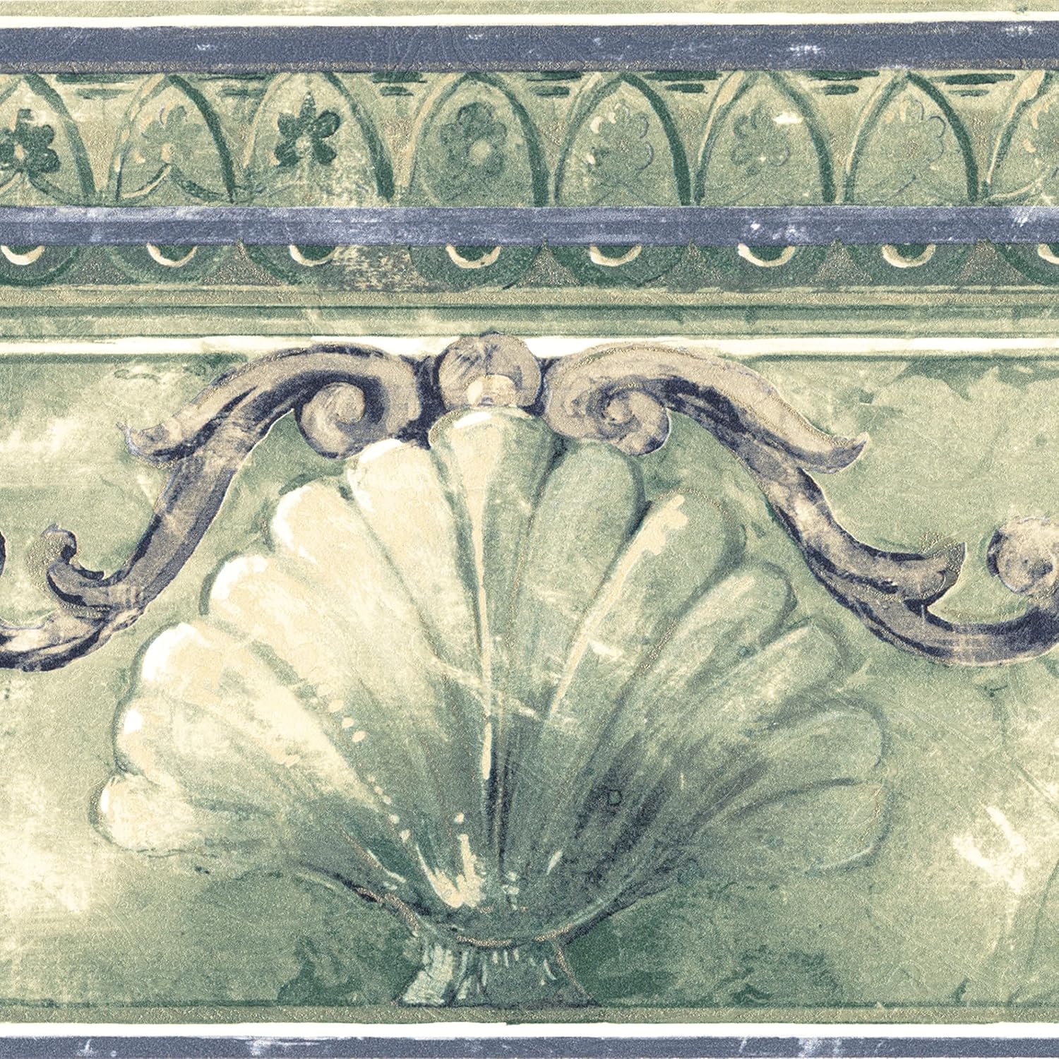 CONCORD WALLCOVERINGS ™ Wallpaper Border Vintage Pattern Seashells Ornaments for Cottage Bedroom Bathroom, Gray Beige Blue, 15 ft by 7 in ‎KS74371