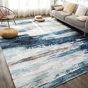Carvapet 6x9 Area Rugs for Living Room, Blue Modern Abstract Low Pile Large Carpet with Rubber Backing, Foldable, Non Slip Machine Washable (9 x 6 Feet Rectangular, Dark Blue Rug)