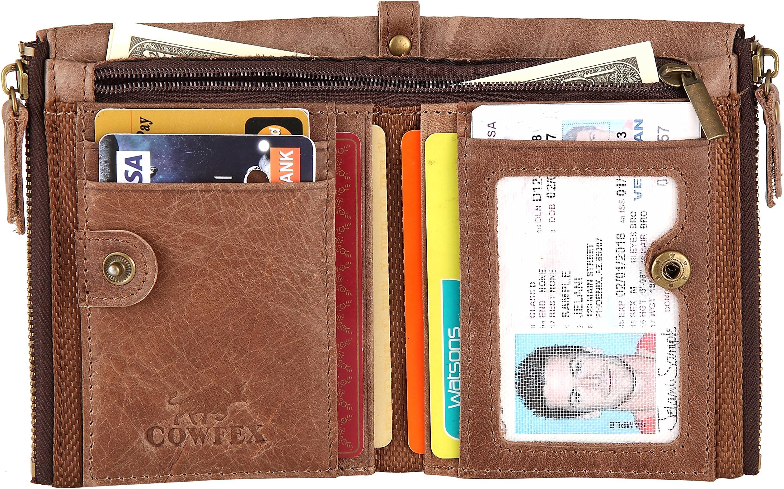 Leather Wallet for Men Women Double Zipper Change Coin Pocket (Brown)