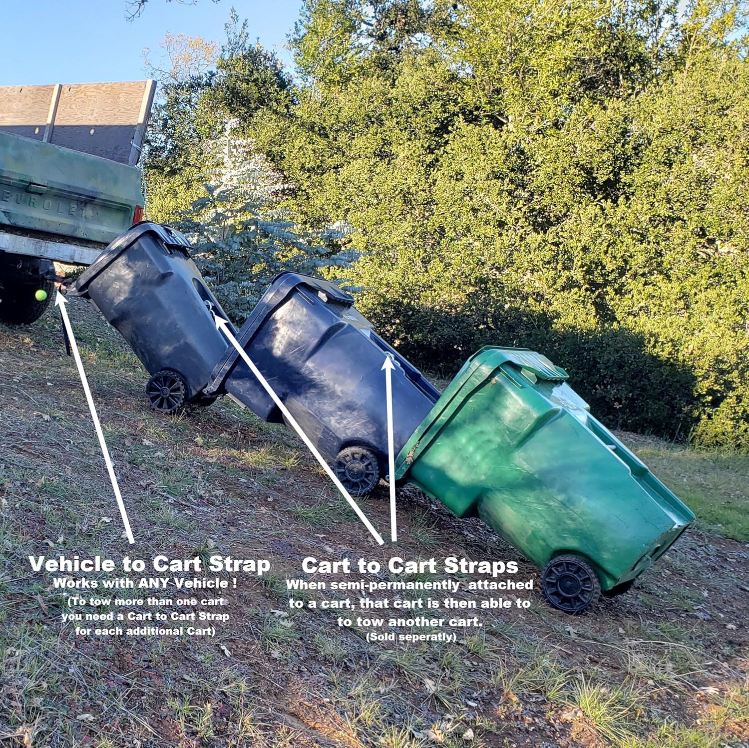 Trash Can Hauler | Garbage Can Hauling Towing Straps | No Hitch Required | Vehicle to Cart Strap | Works with Any Vehicle | Trash Can Transporter & Cart Attaches to Cars, ATV, Lawn Mower
