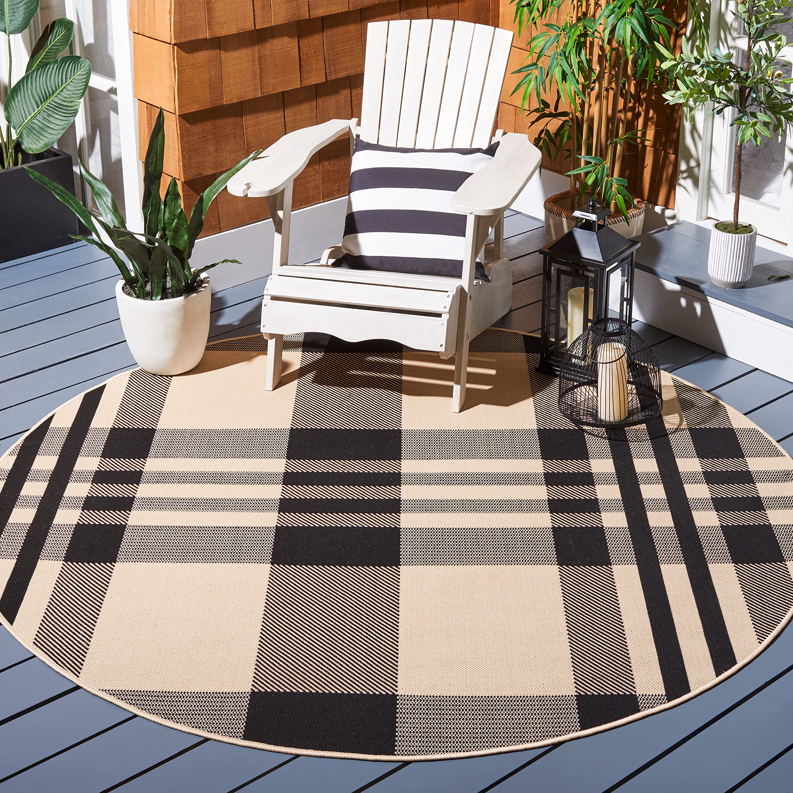 Safavieh Contemporary Rug for Living Room Dining Room, Bedroom - Courtyard Collection, Short Pile, in Black and Bone, 90 x 90 cm