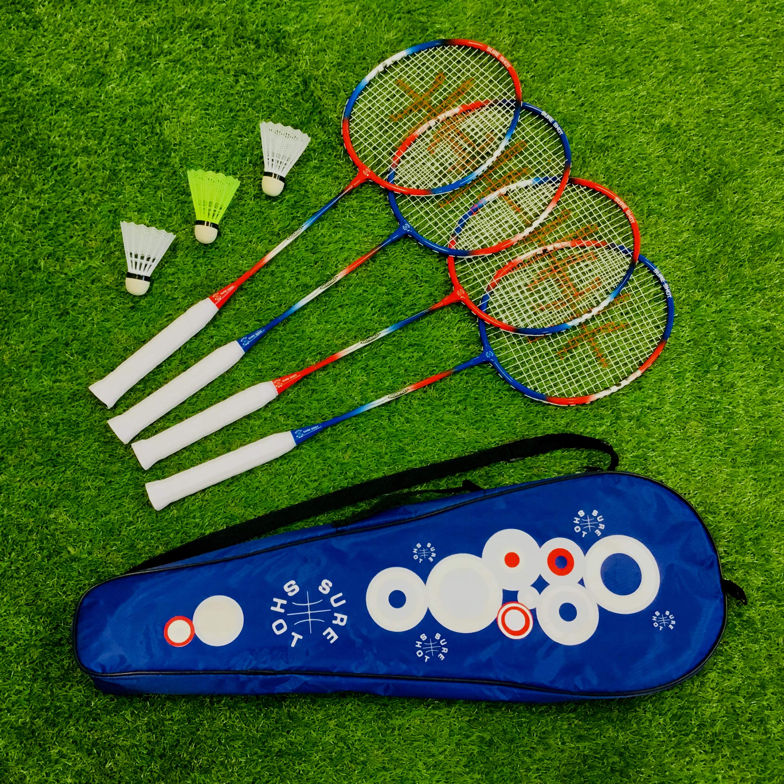 Sure Shot London 4 Player Set6 Badmintonschläger Set mit 4 x Erwachsenenschlägern und 3 Federbällen inkl. tragbarem Netz und Pfosten und Tragetasche, rot/weiß/blau, 26.35cm