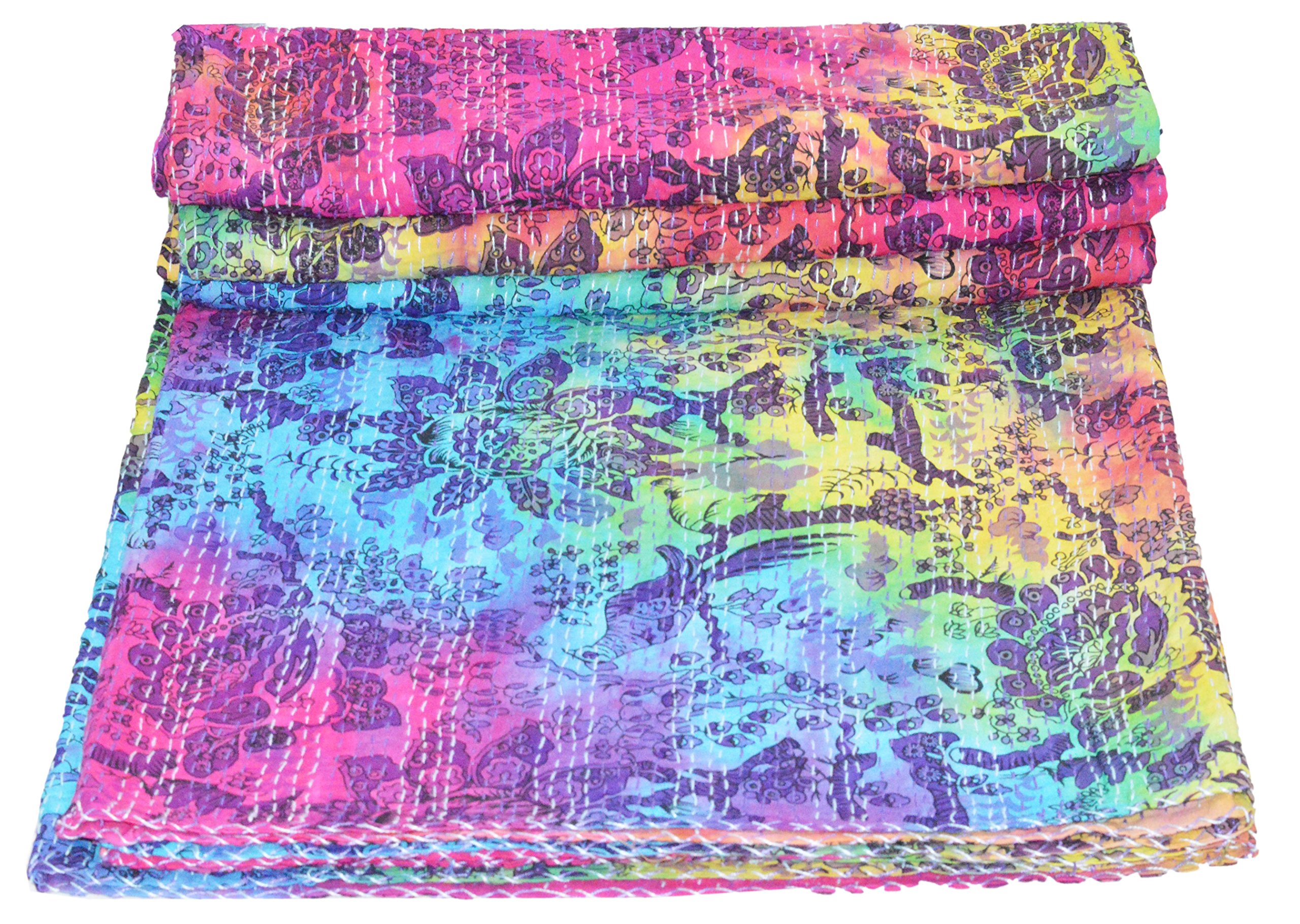 V Vedant Designs Indian Handmade Cotton Kantha Quilt Throw Blanket Bedspread (Queen Size)