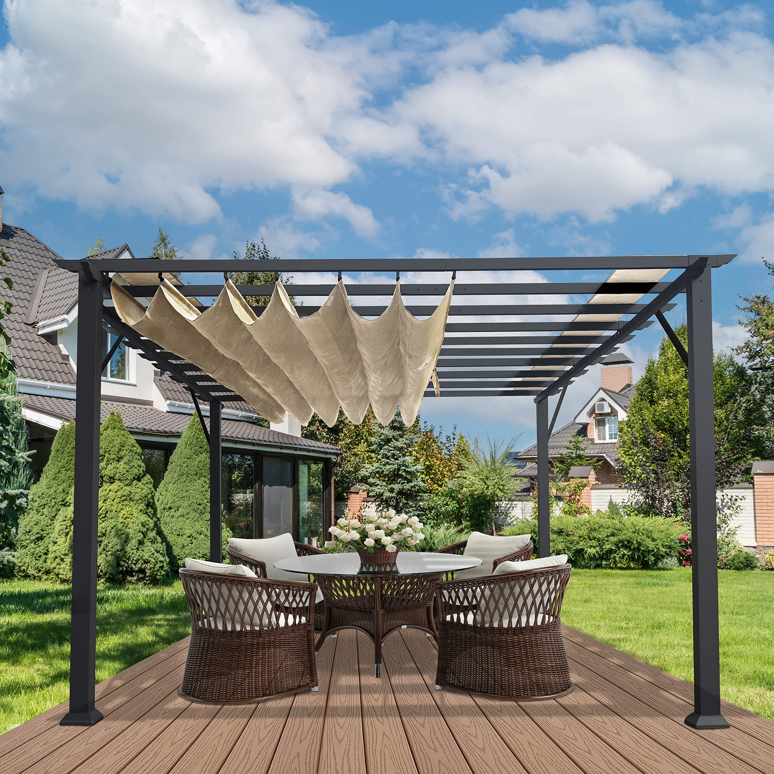 Paragon Outdoor 11' x 11' Florence Aluminum Pergola, Gray Powder-Coated Aluminum Frame Finish with Sand Canopy, Convertible Top, Reinforced and Rust-Resistant, Perfect for Every Season