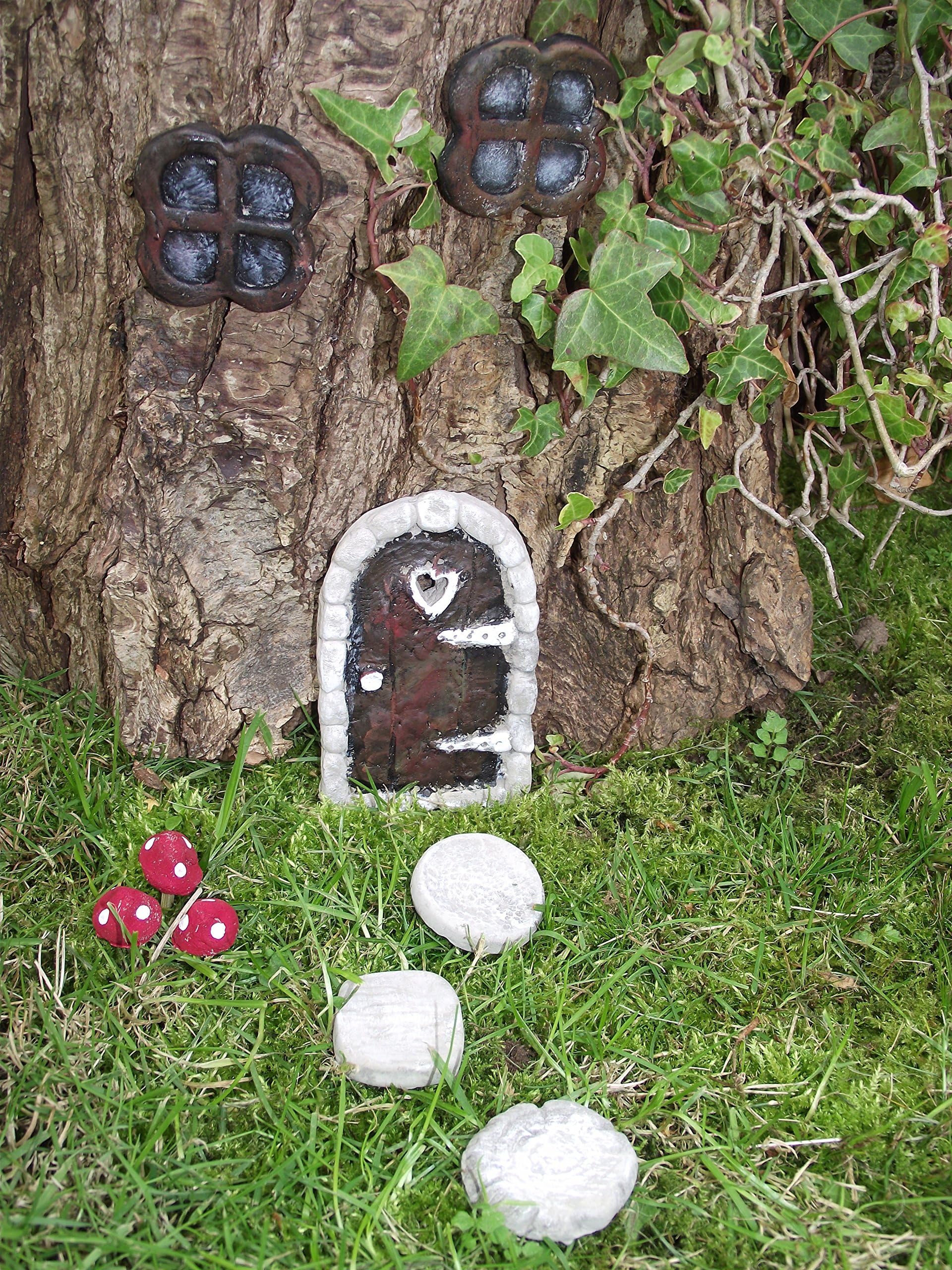 Hand Made Fairy Garden Kit with Stone Arched Fairy Door, Clover Windows, Stepping Stones and Mushrooms