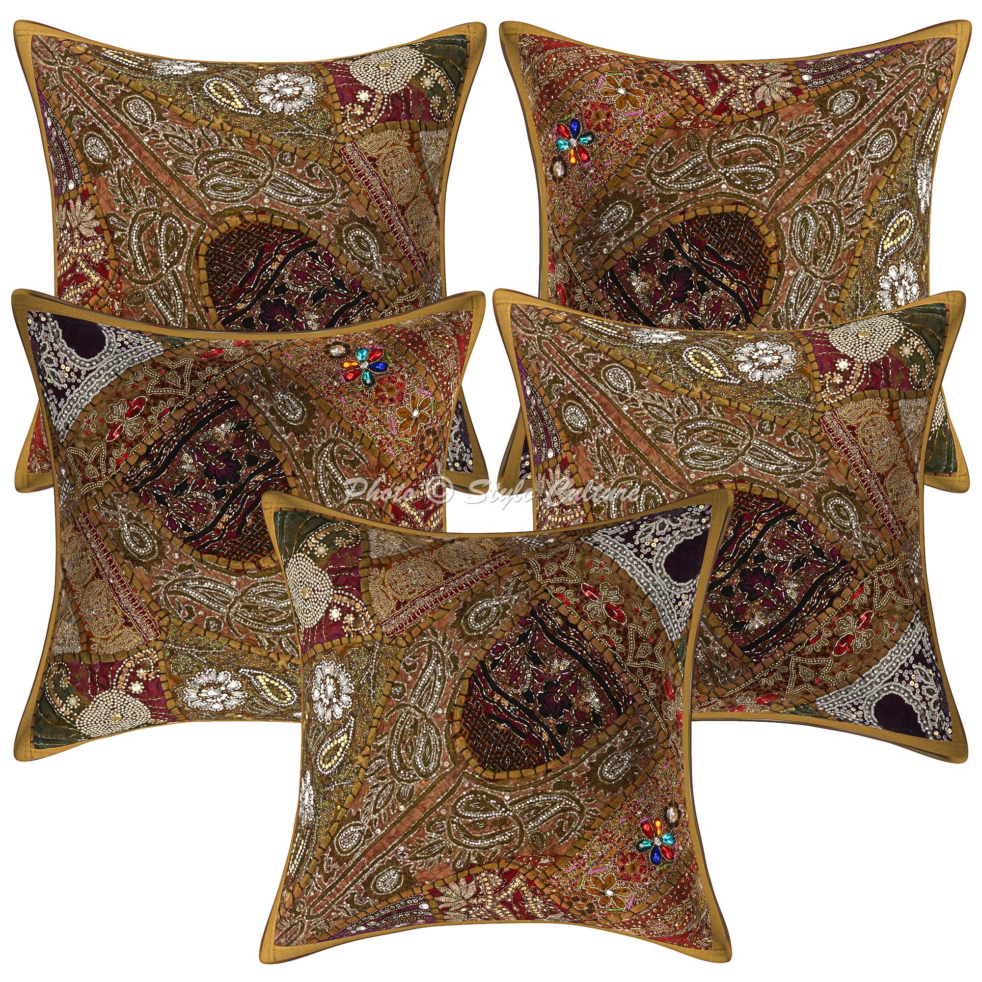 Bohemien Dekorativ Baumwolle Sofa Kissenbezüge 40x40 cm Khakibraun Dekokissen Perlenbestickt Patchwork Wohnzimmer Couch Kissenhullen Halsdesign Quadrat Kissen Bezüge - 5 STK.