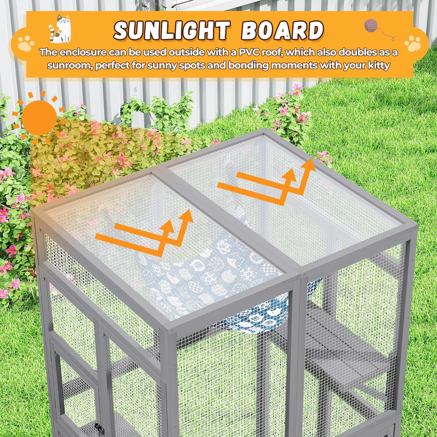 Catio Outdoor Cat Enclosure - Premium Wooden Cat Catio with Window Access & Breathable Mesh, Weatherproof Kitty House for Patio/Backyard/Indoor (Gray)