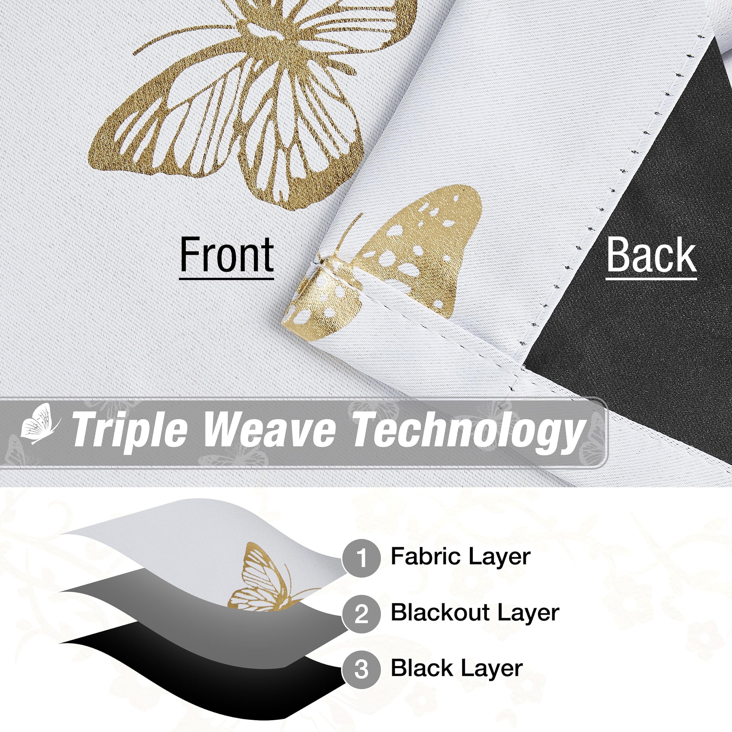 Jubilantex Metallic Butterfly Blackout Curtains 84" Long for Kids Bedroom White Gold Print Floral Butterfly Curtains with Black Layer Energy Saving Grommet Window Curtains for Bedroom Girls Room,84 W