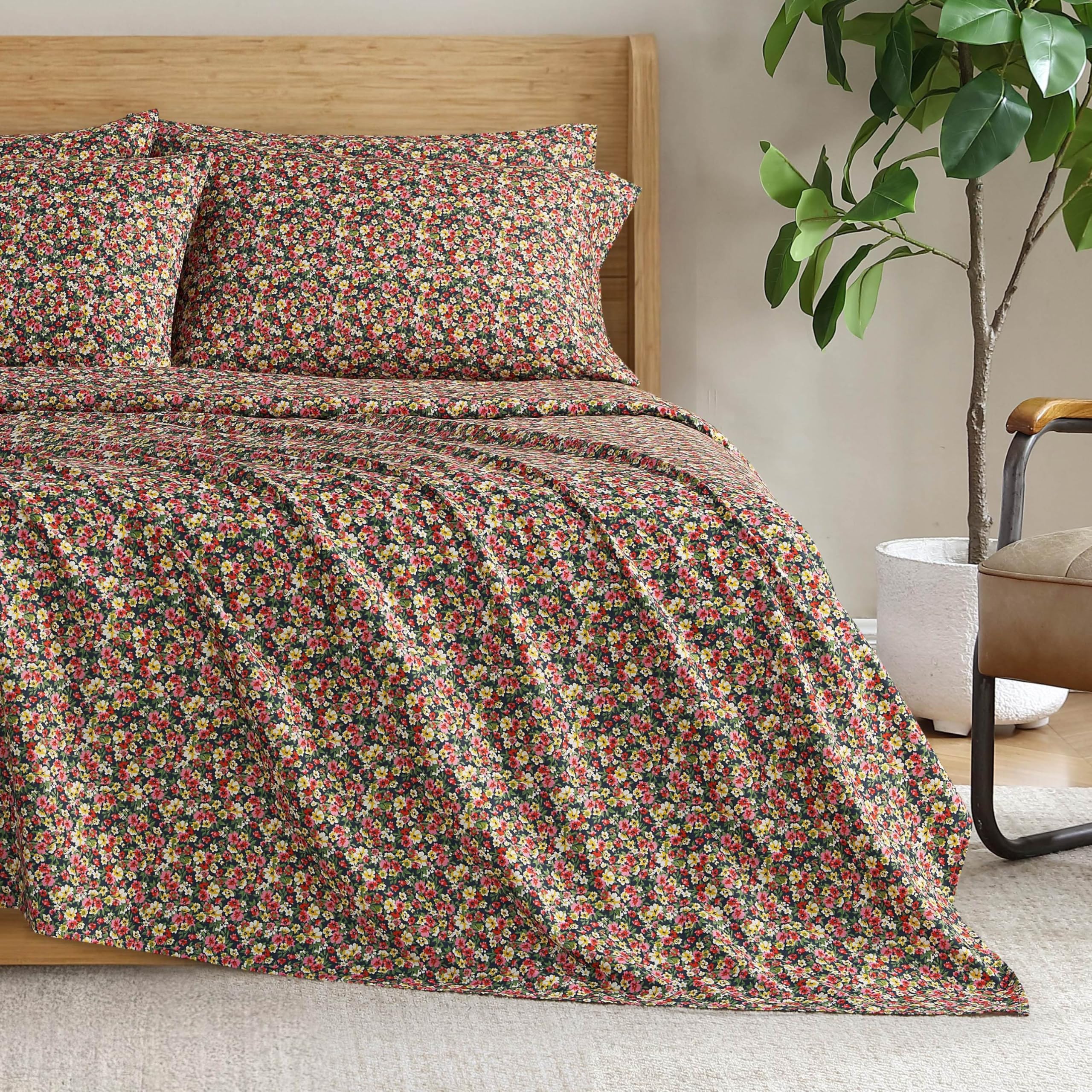 Jessica Simpson Flora Microfiber Sheet Set with Extra Pillowcases, Soft Lightweight 100% Polyester Bedding, Navy, Queen