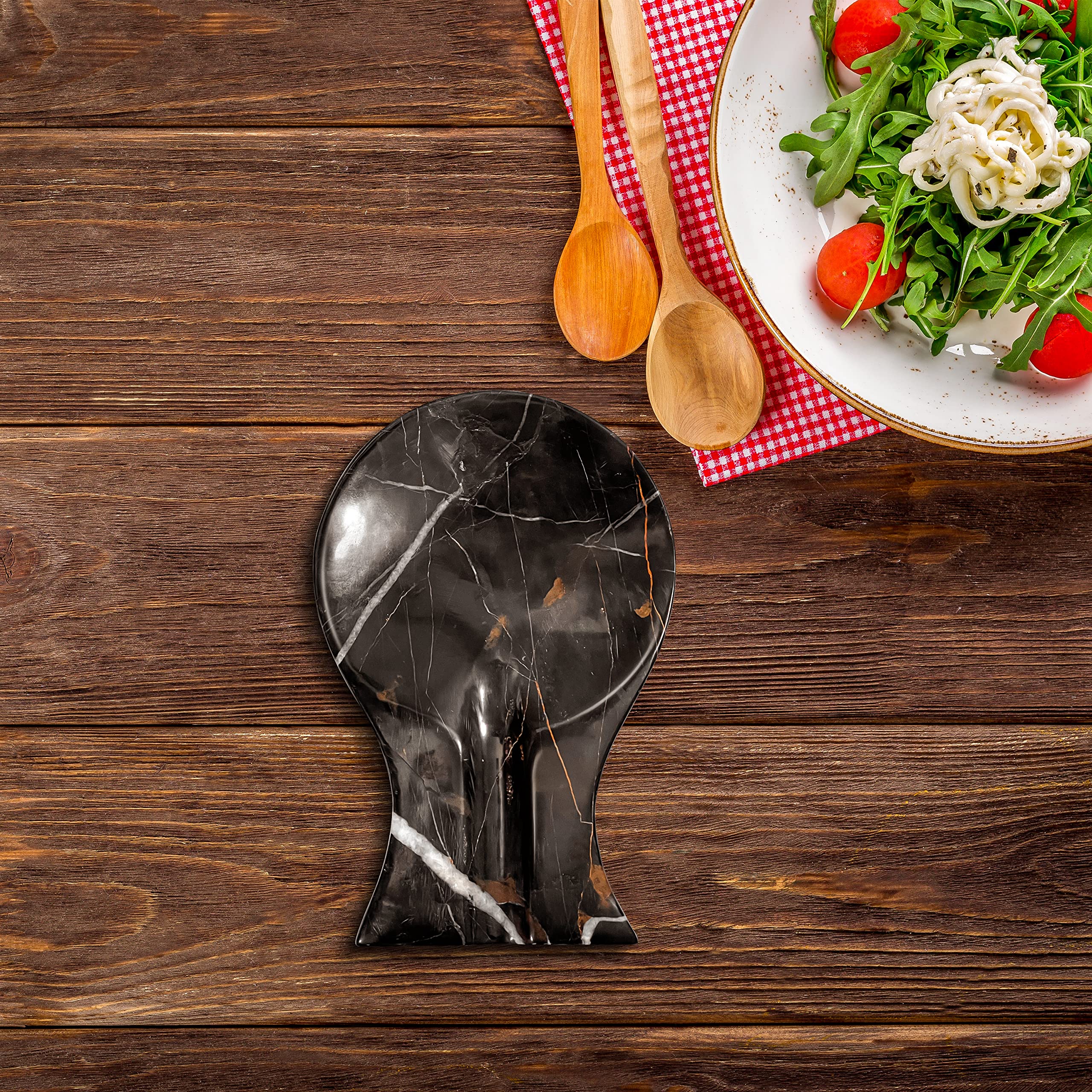 Resto de cuchara de mármol negro y dorado hecho a mano, porta cucharas para contador de cocina, mejor soporte para espátulas para accesorios de cocina y regalos de inauguración de la casa.