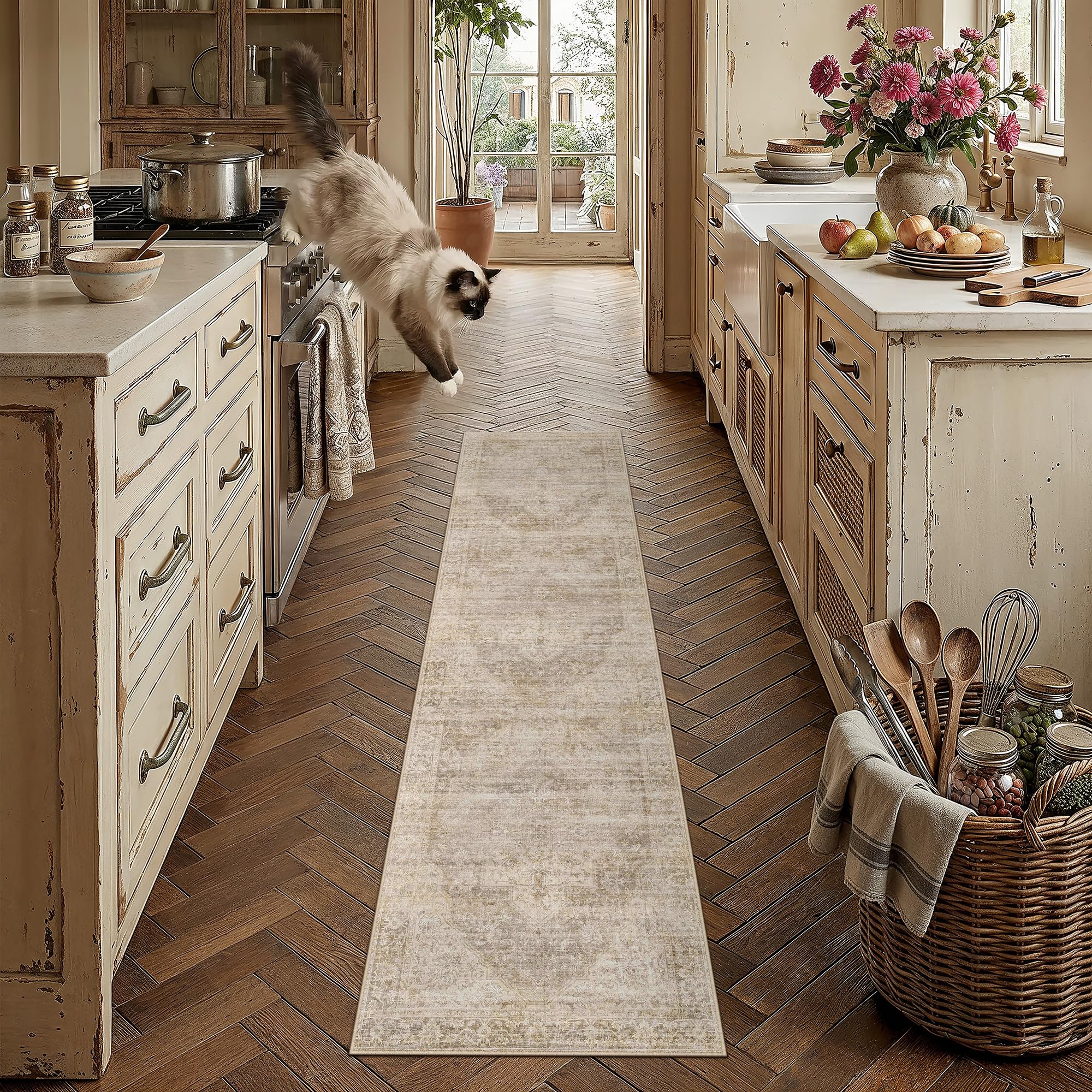 2x8 Beige Farmhouse Runner Rug