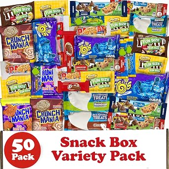 Snack Variety Pack with 50 Individually Wrapped Snacks and Candies, Assorted Sweet and Savory Treats Ideal for Care Packages, Birthday Parties, Road Trips, Office, Lunchboxes, Teachers, Students