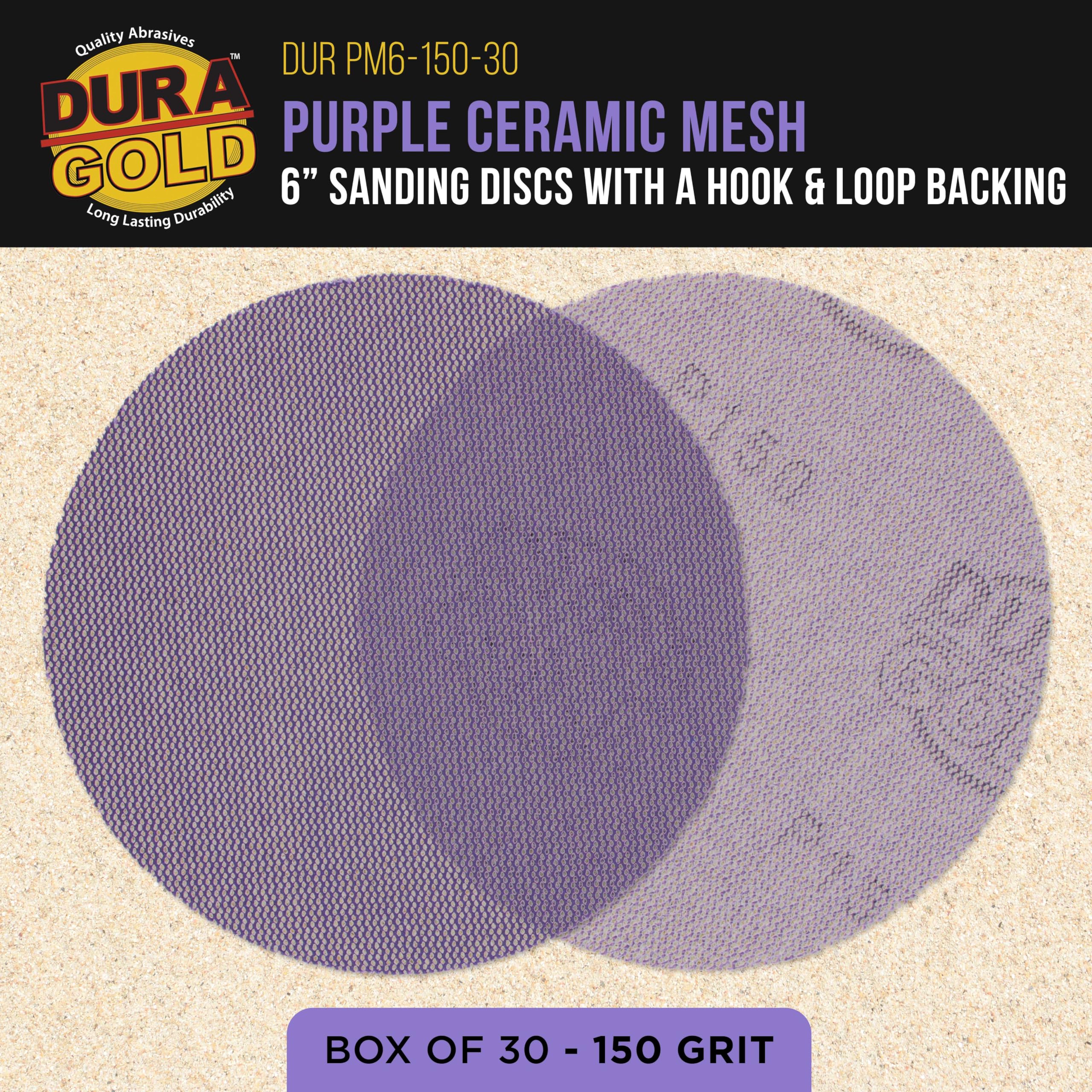 Dura-Gold Discos de lijado de malla de cerámica morada de grano 150 de 6 pulgadas, caja de 30 – Papel de lija sin polvo para lijadoras orbitales DA y aleatorias – Corte rápido de larga duración –