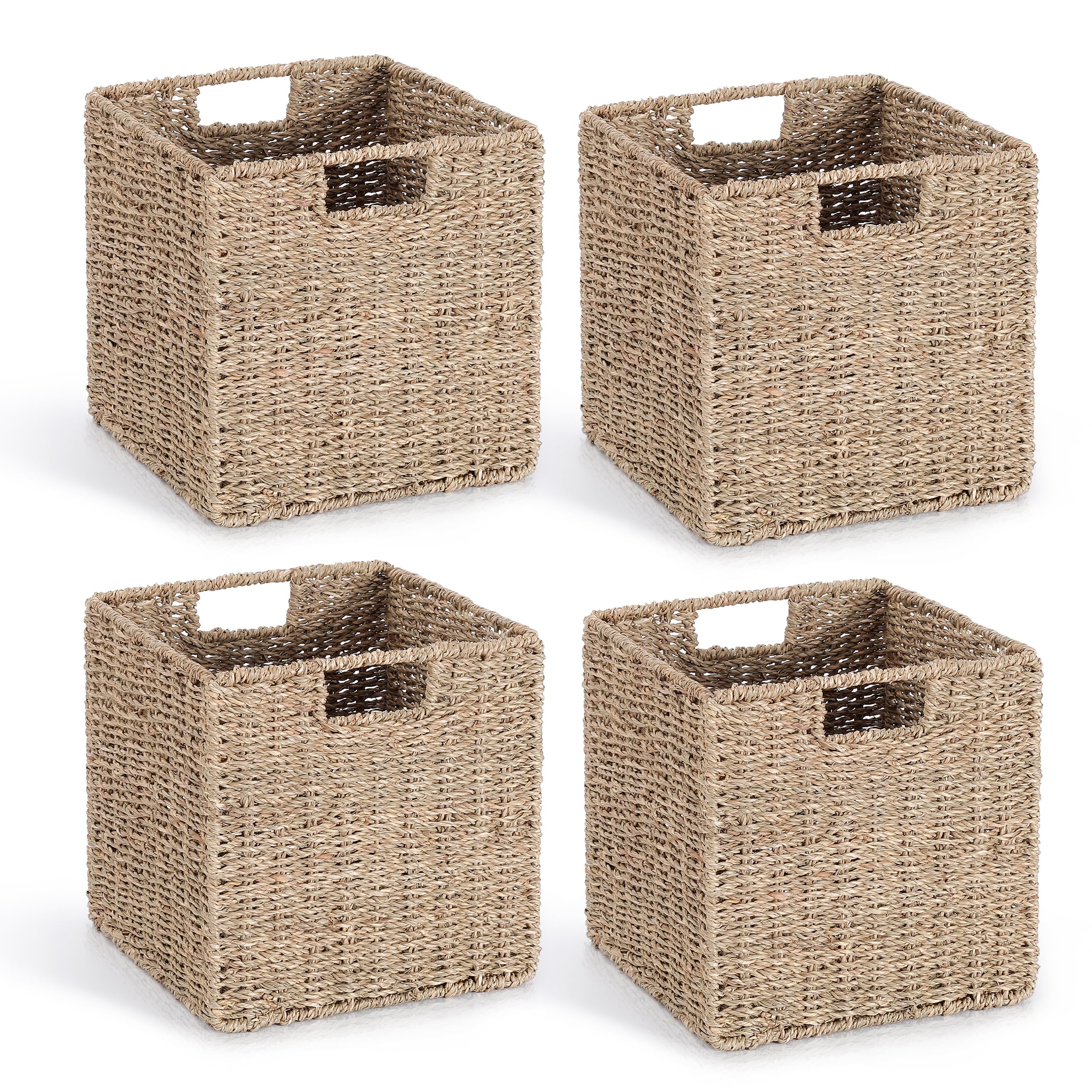 10.5 x 10.5in Seagrass Storage Baskets Set of 4, Cube Foldable