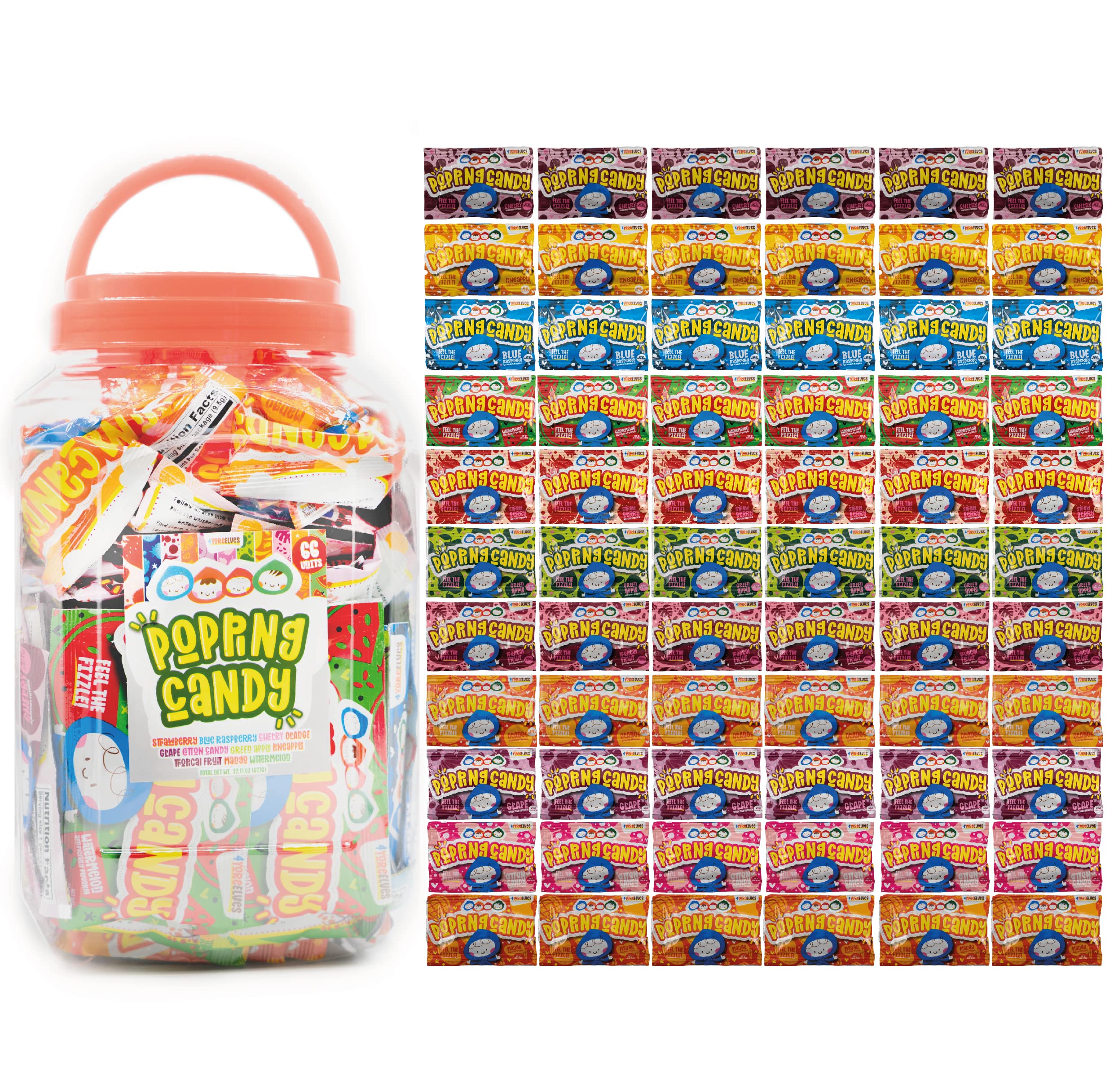 Crackling Popping Candy, 6 of each flavor - Strawberry, Blue Raspberry, Cherry, Orange, Grape, Cotton Candy, Green Apple, Pineapple, Tropical Fruit, Mango and Watermelon - Retro 90s Pop Candy, 66 pack