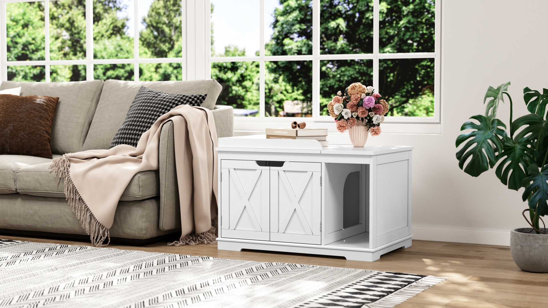 Flip Top Cat Litter Boxes Enclosure Covered Litter Box Hidden Furniture Wooden Cat Washroom Cabinet for Kitty, Medium and Large Cat Black - image 7