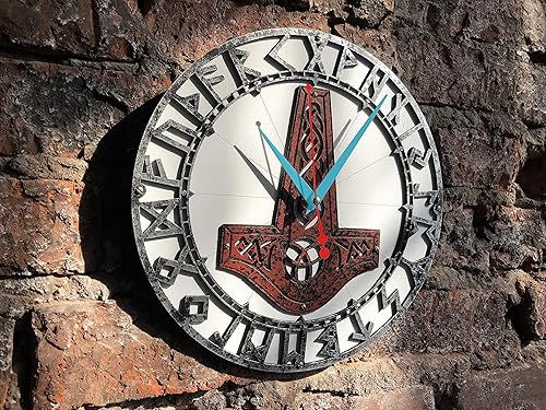 Miniatura 4 de Mjölnir Rusty Metal Hammer of Thor wooden wall clock Viking Norse mythology runes, Handcrafted Unique Home Decor for Kitchen Living Room Office,