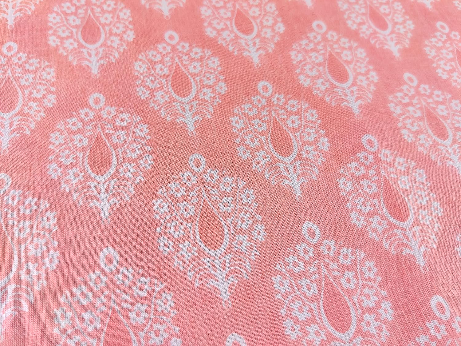 AVKA Studio Hand Block Print Fabric by The Yard - PRECUT 3 Yards 42 inch Width - 100% Cotton Material - Coral Floral Pattern - Light Weight Indian Cloth for Making Kurti Summer Dress Salwar Kameez etc