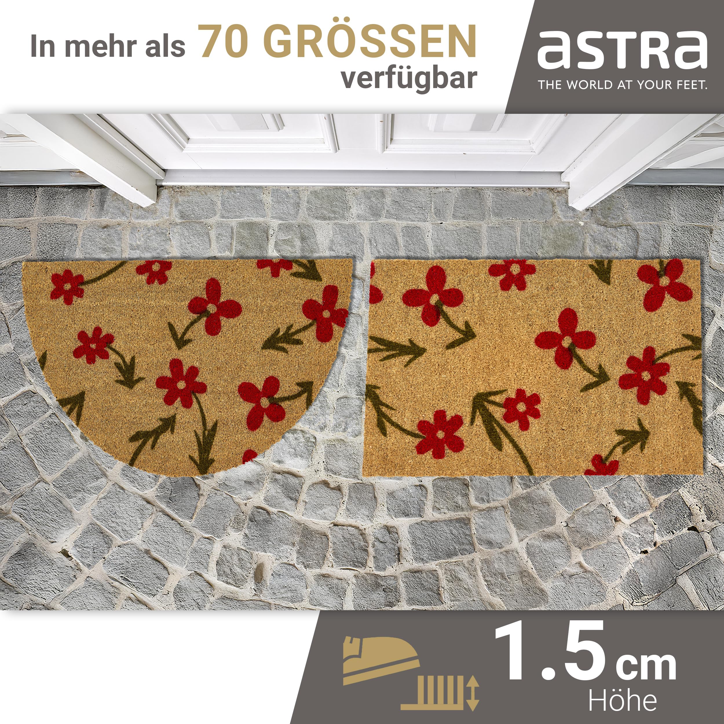Astra Zerbino esterno con Fiori rossi in cocco 50 x 150 cm naturale -16 mm Zerbino in cocco per esterni e interni - Tappetino antisporco antiscivolo