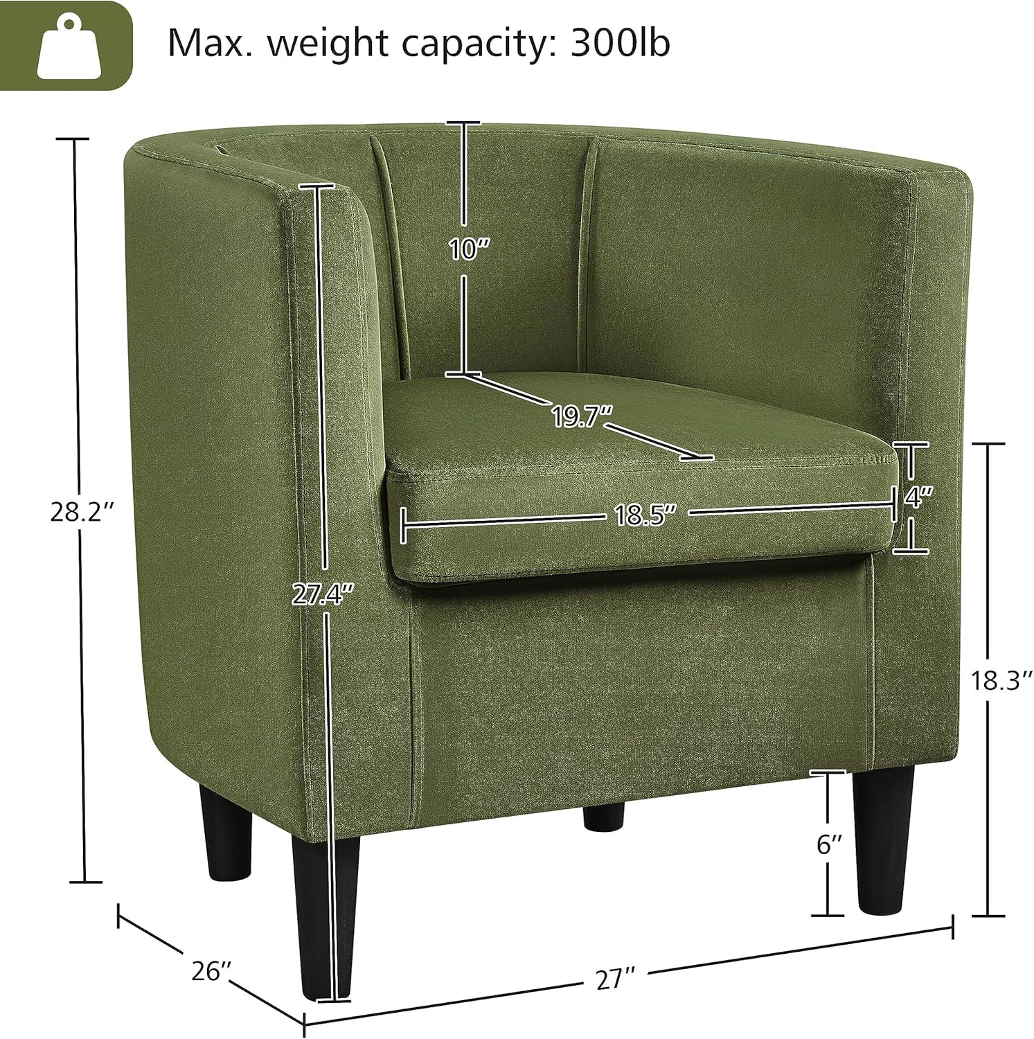 Topeakmart Olive Green Velvet Barrel-Shaped Club Chair, Comfortable Reading & Relaxing, Modern Style, Curved Back, 26" D x 27" W x 28" H