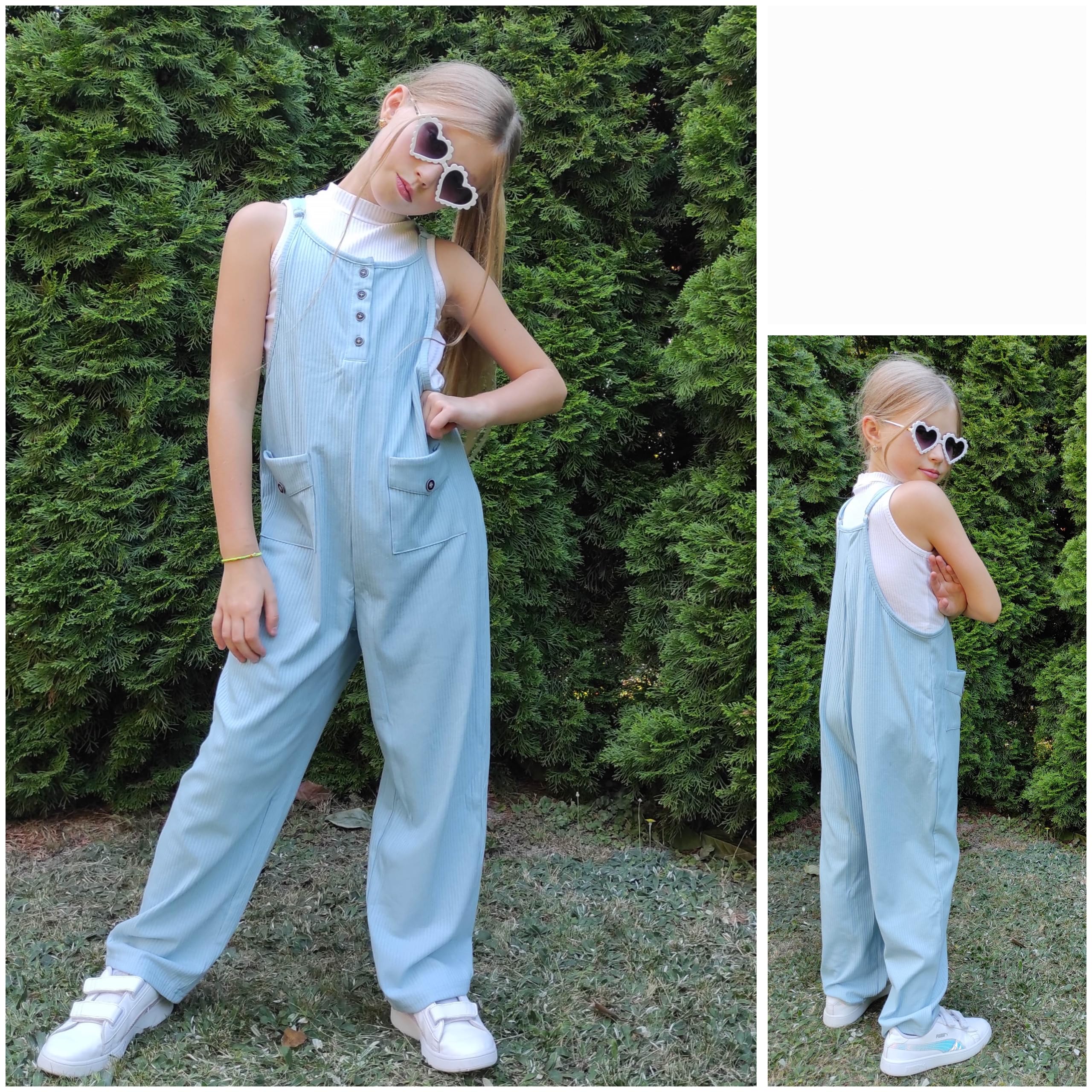 Rolanko Tute da Ragazza Salopette Senza Maniche Cinghie Regolabili Larghe Pagliaccetti Pantaloni Lunghi con Tasche per Bambini