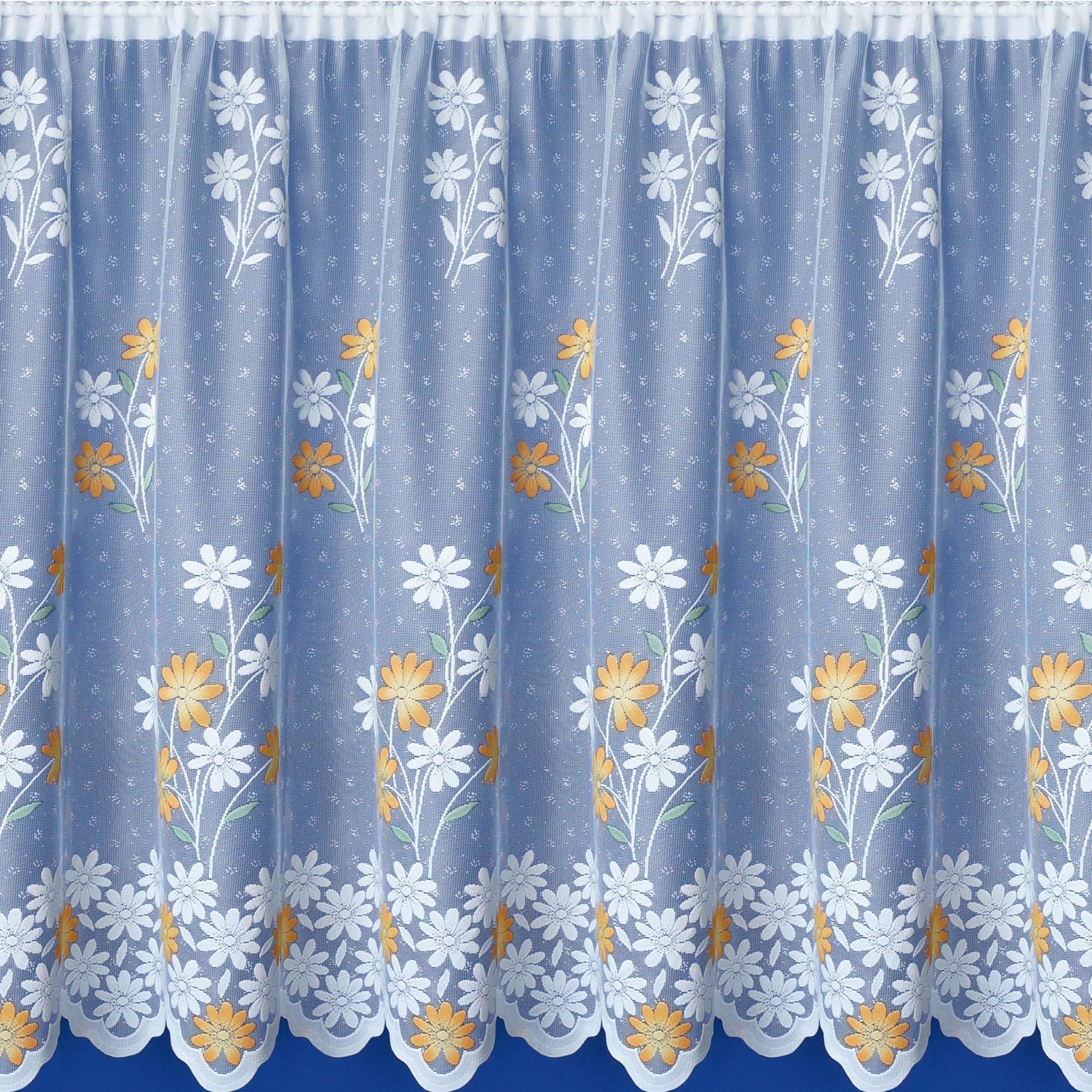 4 Metres Wide x 63" (160cm) Drop - Lina Marigold White Lace Net Curtain With Yellow Flowers Green Stems With Detailed Floral Scalloped Bottom