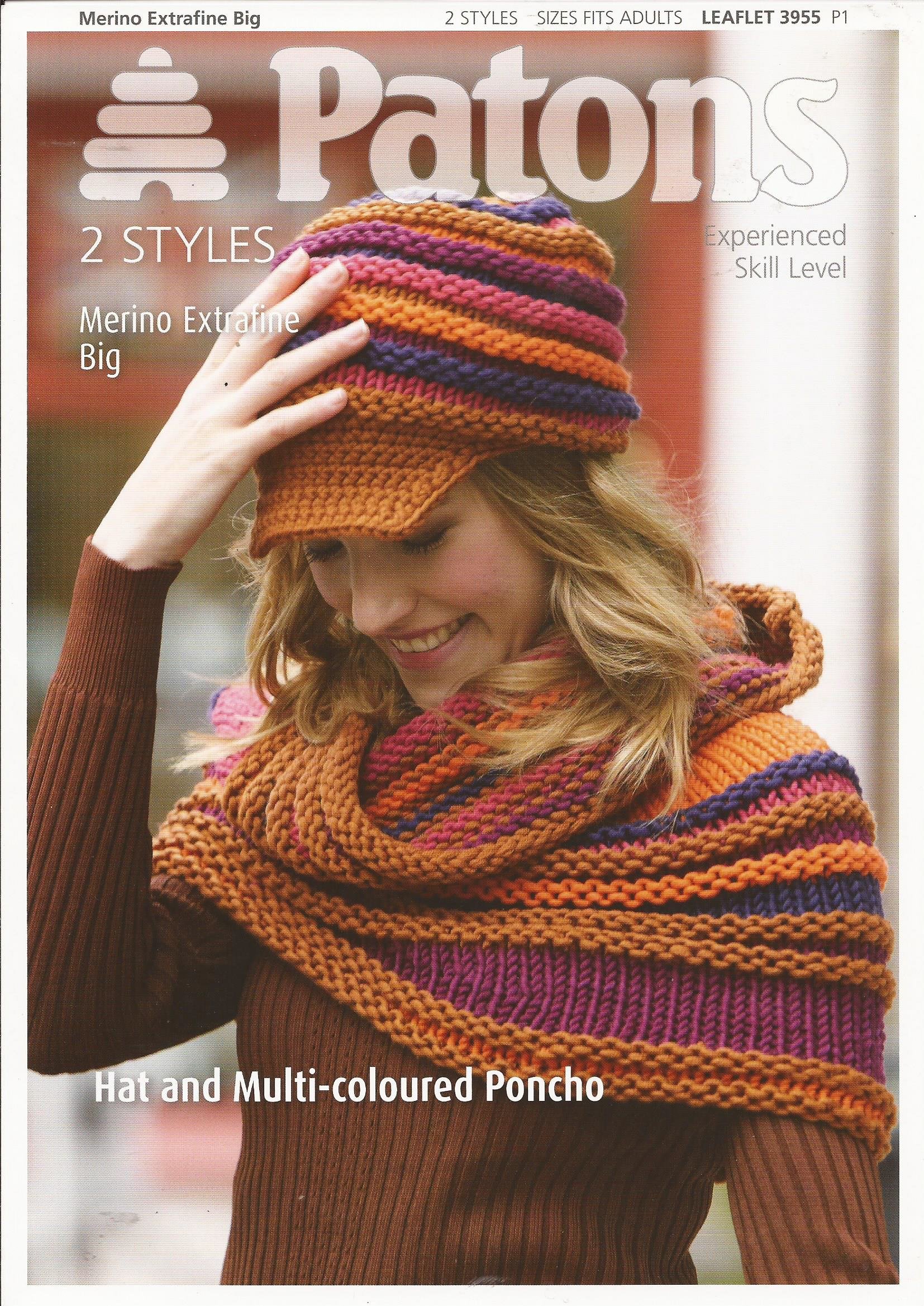Patons Multicolor 3955 Hat & Multi-Coloured Poncho Chunky Knitting Pattern