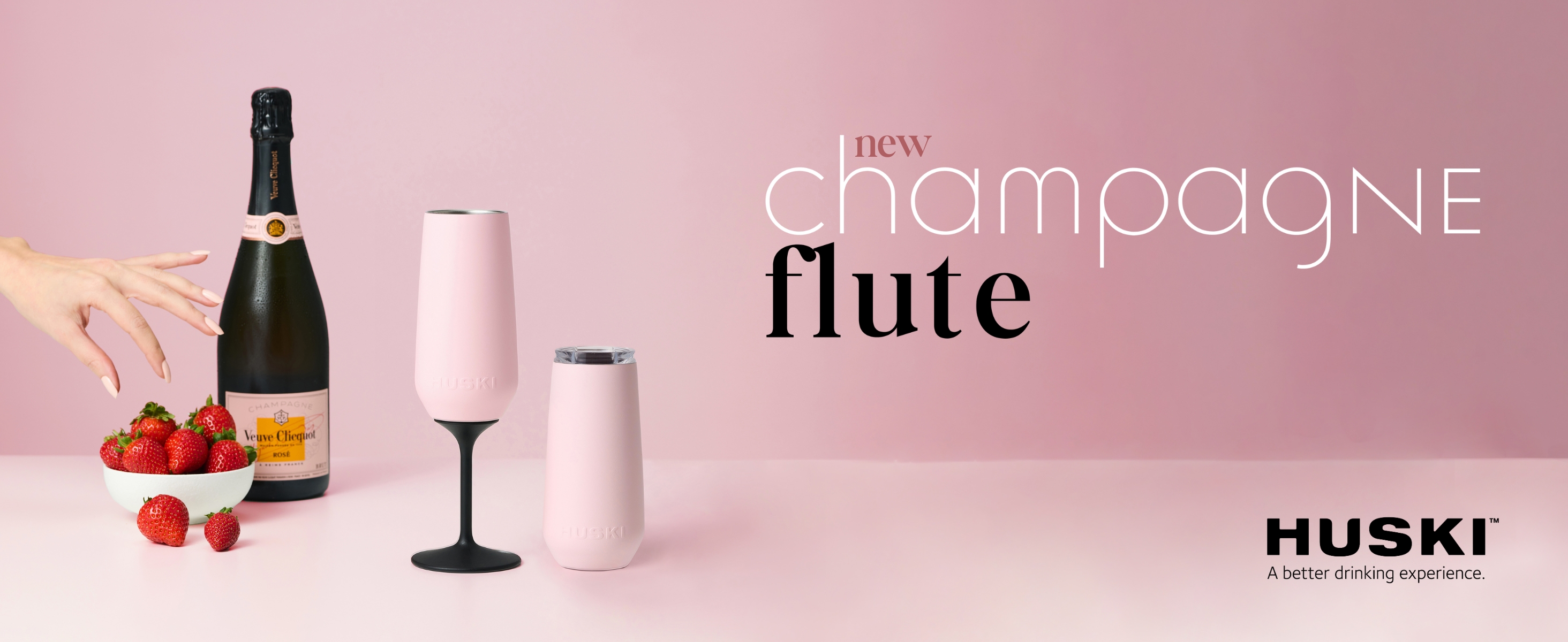 Huski Champagne Flute | NEW | Award-winning Design with Detachable Stem | Premium Stainless Steel Champagne Glass with Lid | Triple Insulated Tumbler | 8oz Capacity | Great Gift (Powder Pink)