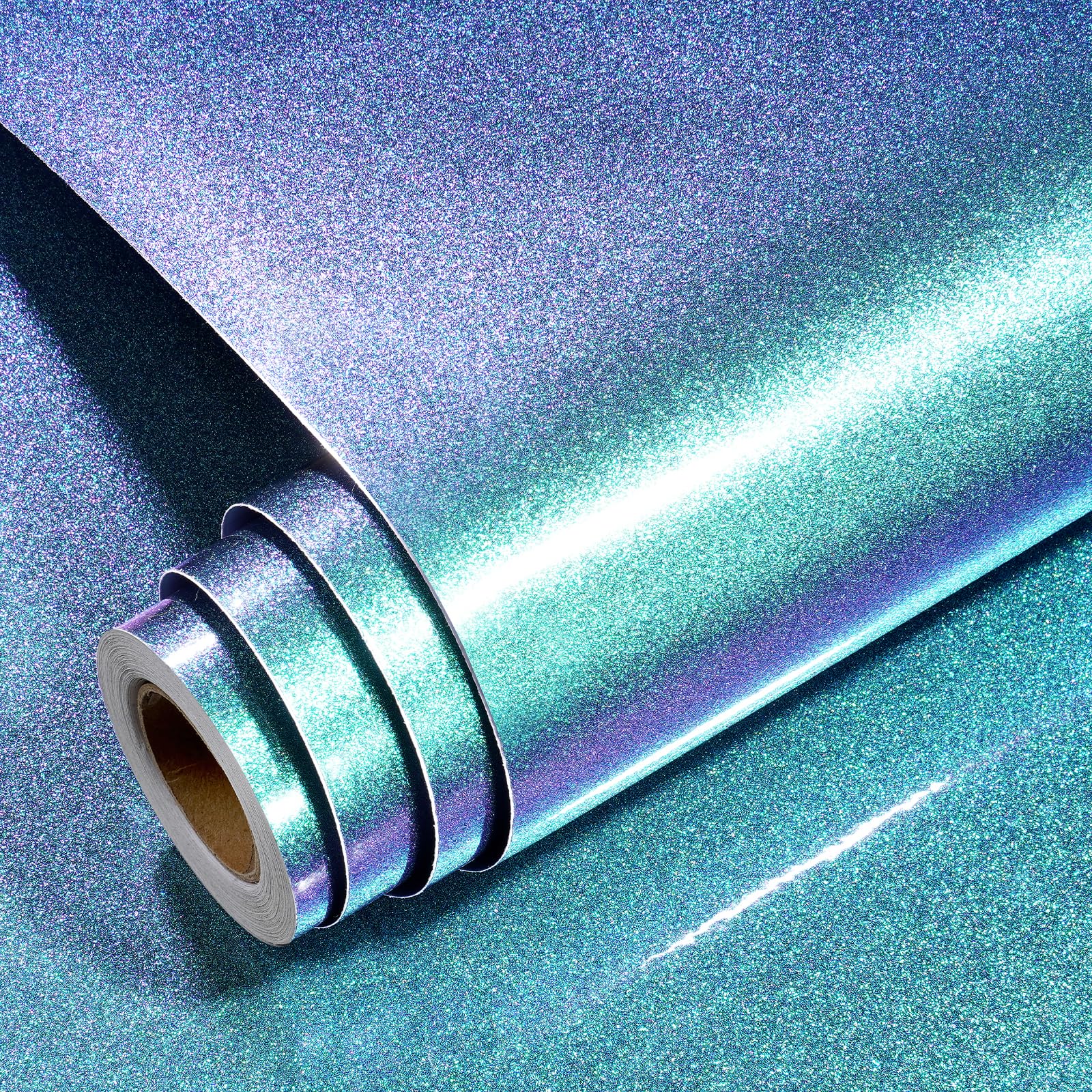 YENHOME Iridescent Glitter Wallpaper Peel and Stick 24"X118" Teal Blue Glitter Wallpaper for Bedroom Walls Self Adhesive Variable Green Glitter Contact Paper for Countertops Cabinets Walls Removable