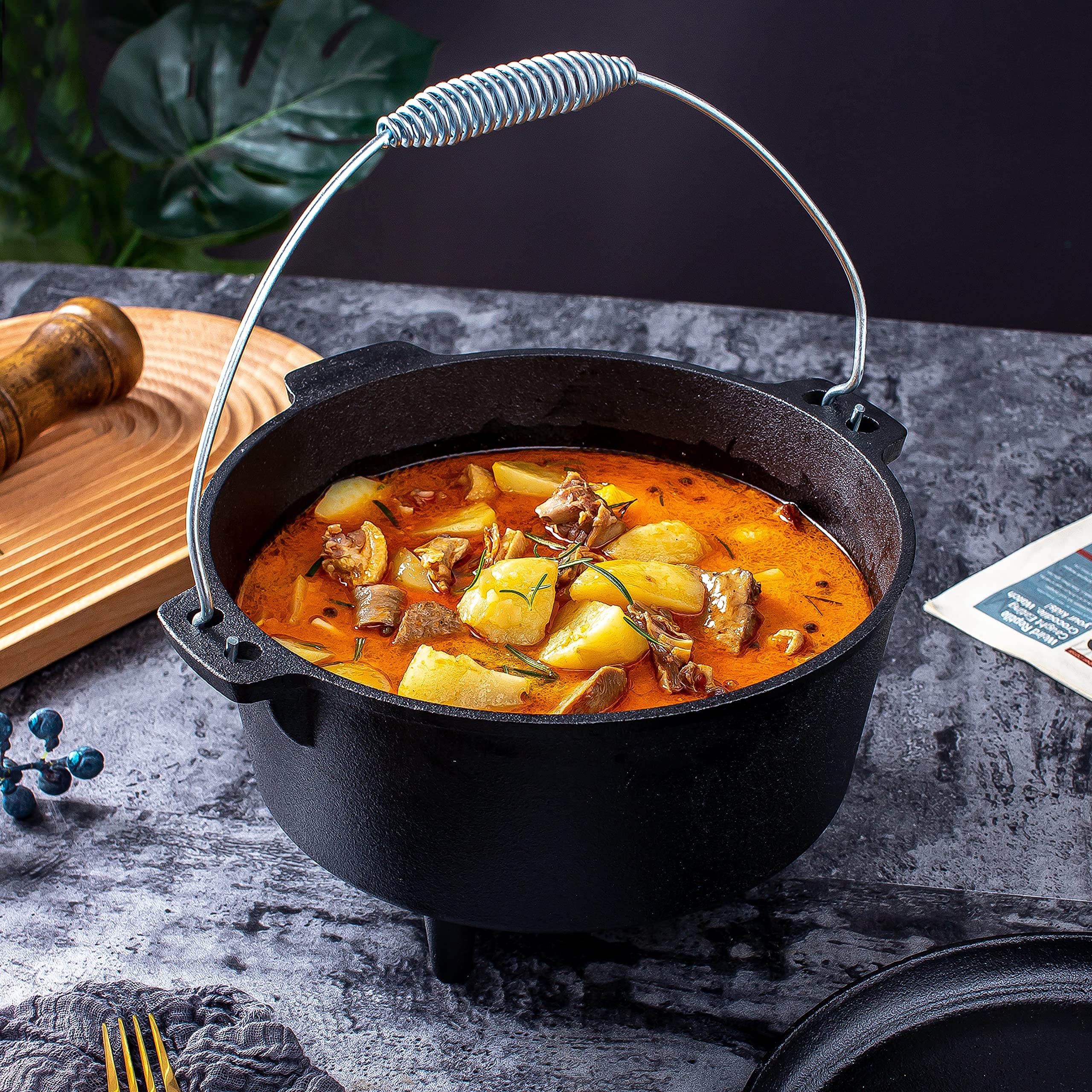 Bruntmor Round Cast Iron Pot Pre-Seasoned 3 Legged Dutch Oven Pot with Lid, 4.5 -Quart with Metal spring Handle Cast Iron Skillet | Campfire Cooking Equipment | Enameled Cast Iron Cookware Set.