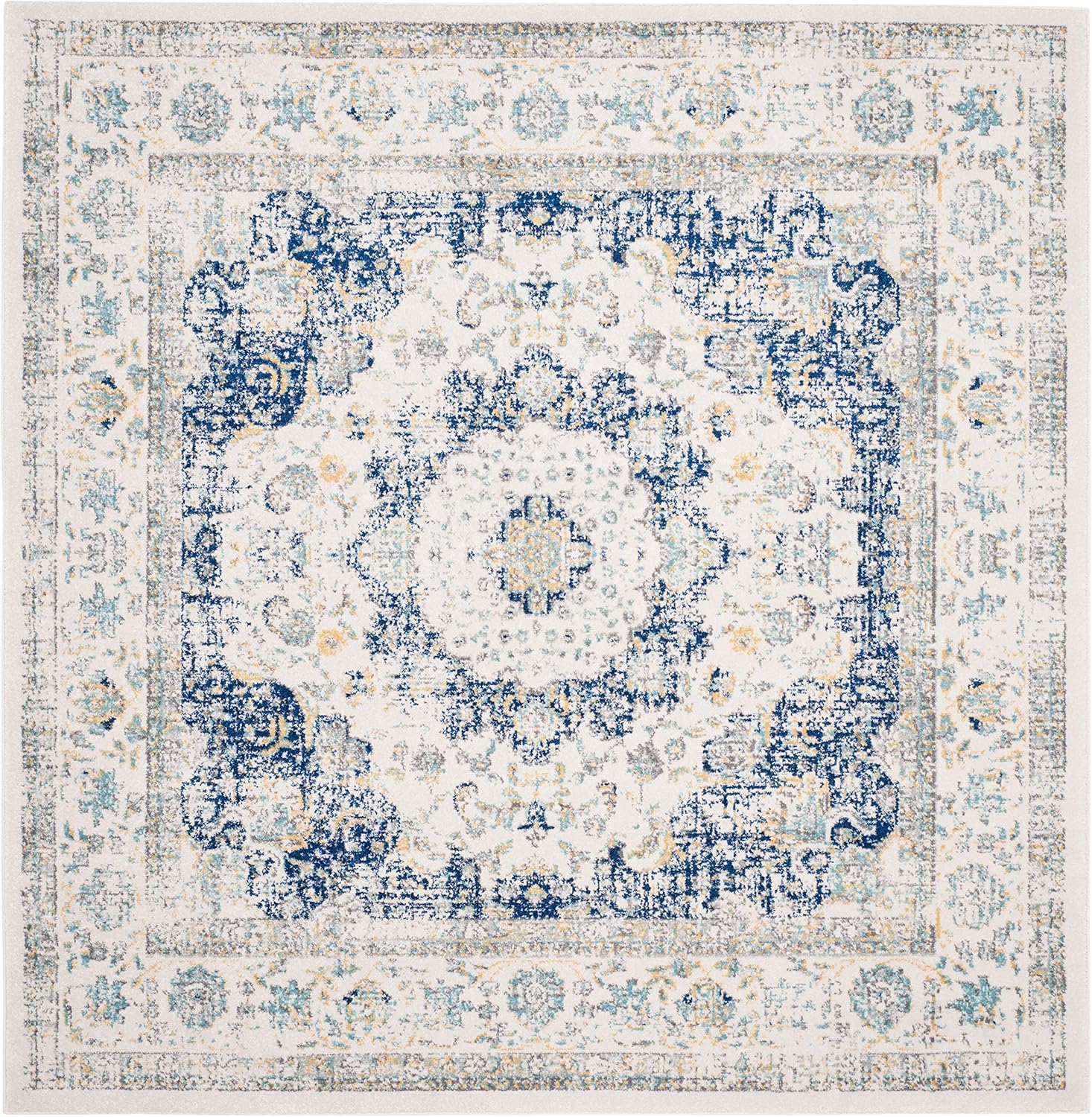 Ivory and Blue Square Hand-knotted Synthetic Area Rug