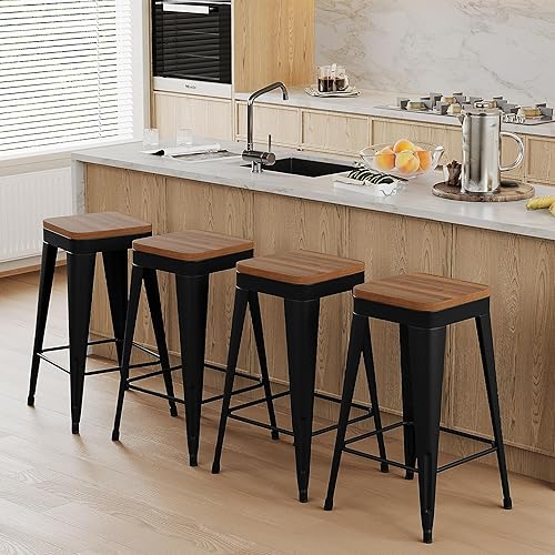 POINTANT Juego de 4 taburetes de bar de metal, altura de mostrador, sillas de bar modernas de 26 pulgadas sin respaldo, taburetes de bar de madera,