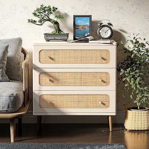 Miniatura 6 de LONYKE Cómoda de mimbre de ratán cómoda de 3 cajones armario de almacenamiento de madera con acabado blanco mesa decorativa moderna de granja
