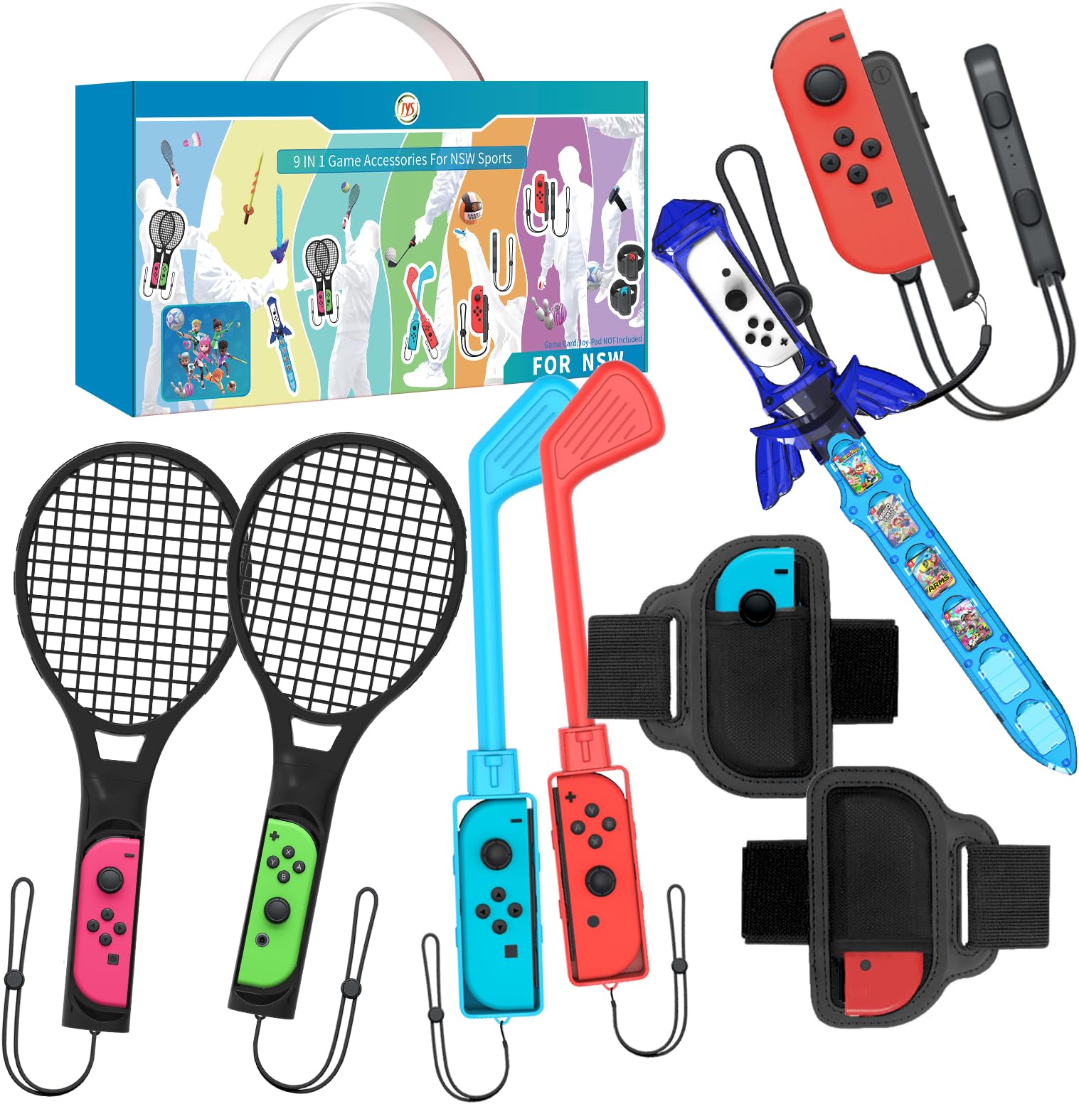 2022 Switch Sports Accessories Bundle - EJGAEM 9 in 1 Accessories Kit for Nintendo Switch & OLED : Golf Culb for Mario Golf Super Rush,JoyCon Strap,Sword,Comfort Leg Strap and Tennis Rackets