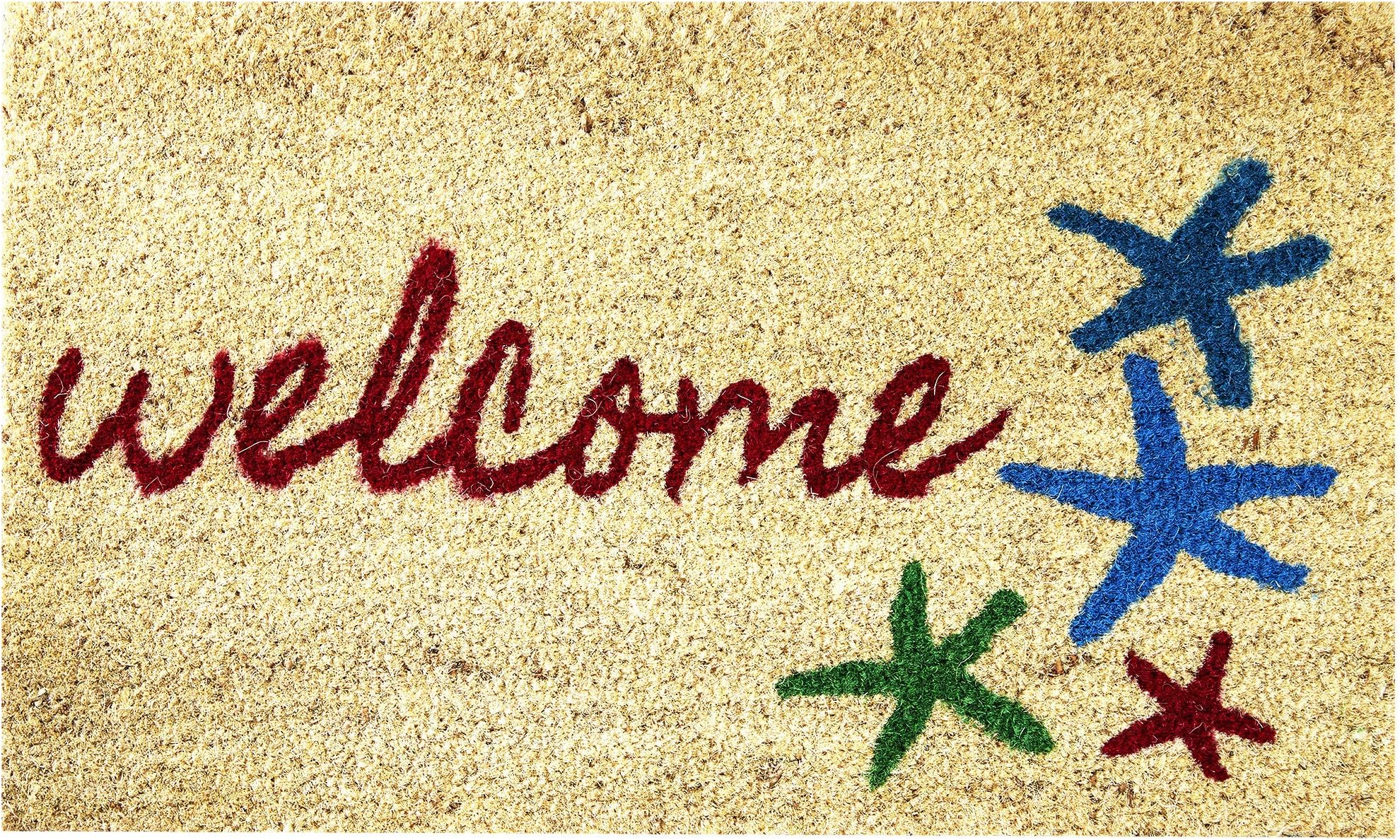 Coco Coir Doormat, Handwoven Welcome Mat - 18 x 30 x 0.5 Inches - Non-Slip, Sand & Starfish