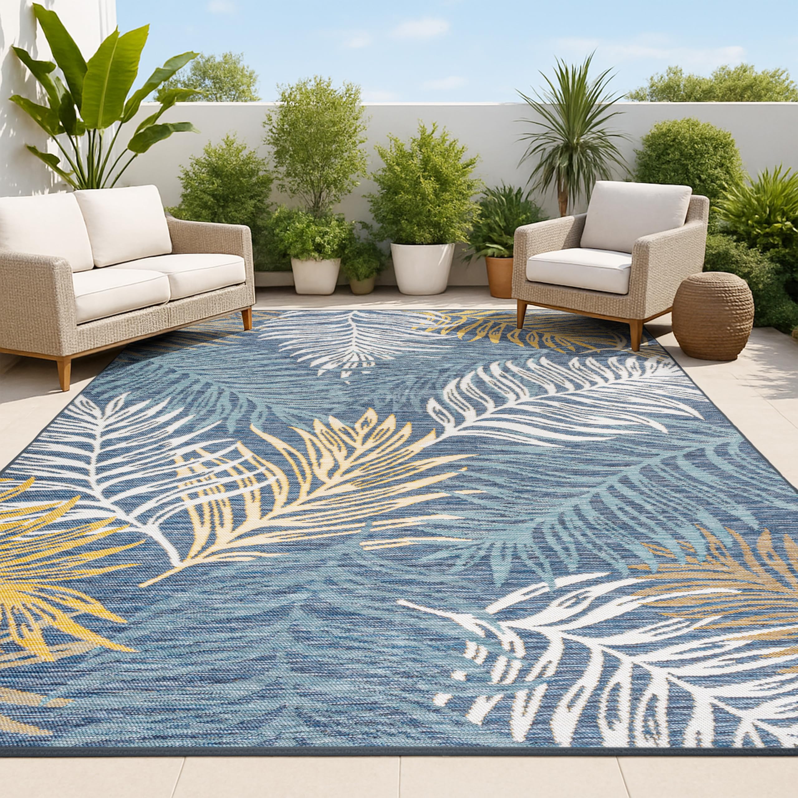 JONATHAN Y Palm Frond Reversible Washable Indoor Outdoor Area Rug 3X5 Cream/Navy, Calypso Coastal Casual for Backyard, Patio, Porch, Easy-Cleaning,