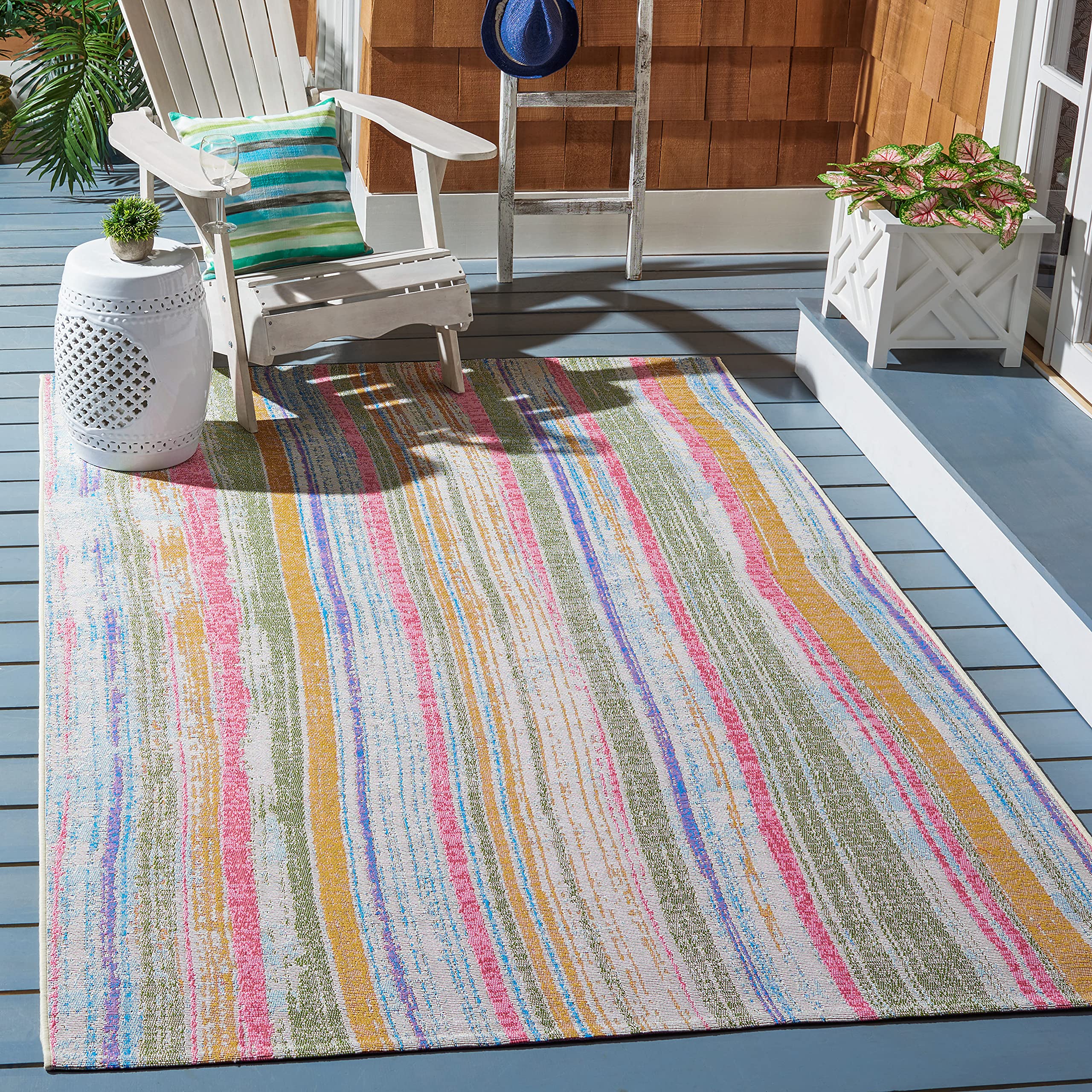 SAFAVIEH Washable Rug Outdoor Summer Collection - 8' x 10'5", Ivory & Green, Non-Shedding & Easy to Clean, Ideal for Patio, Backyard, Mudroom (SMR496A