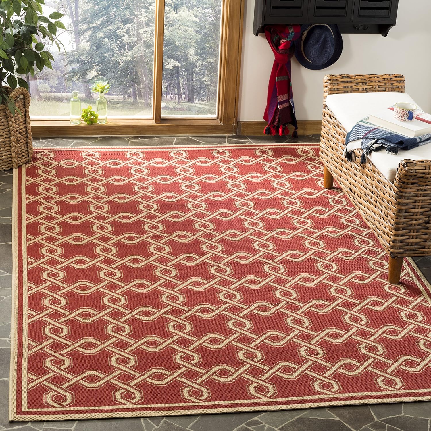 Martha Stewart x SAFAVIEH Outdoor Area Rug Collection - 4' x 5'7", Red & Cream, Weather Resistant & Washable, Ideal for Patio, Backyard, Mudroom, Deck, Dining Space (MSR4253)