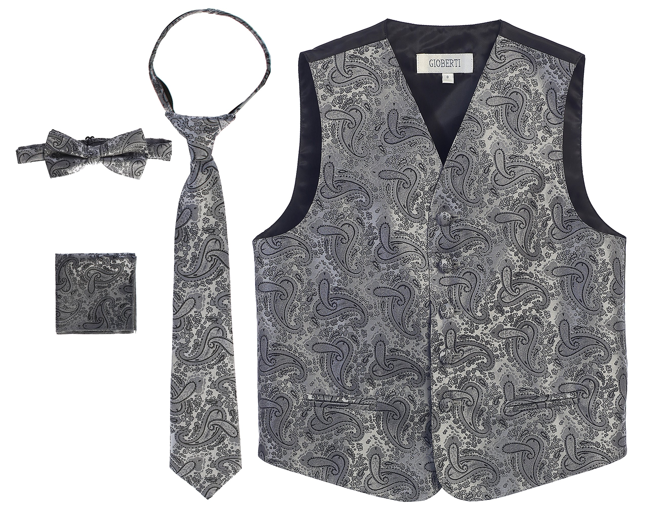 Gioberti Kids and Boys 4pc Paisley Vest Set - Vest, Bowtie, Tie, Pocket Square