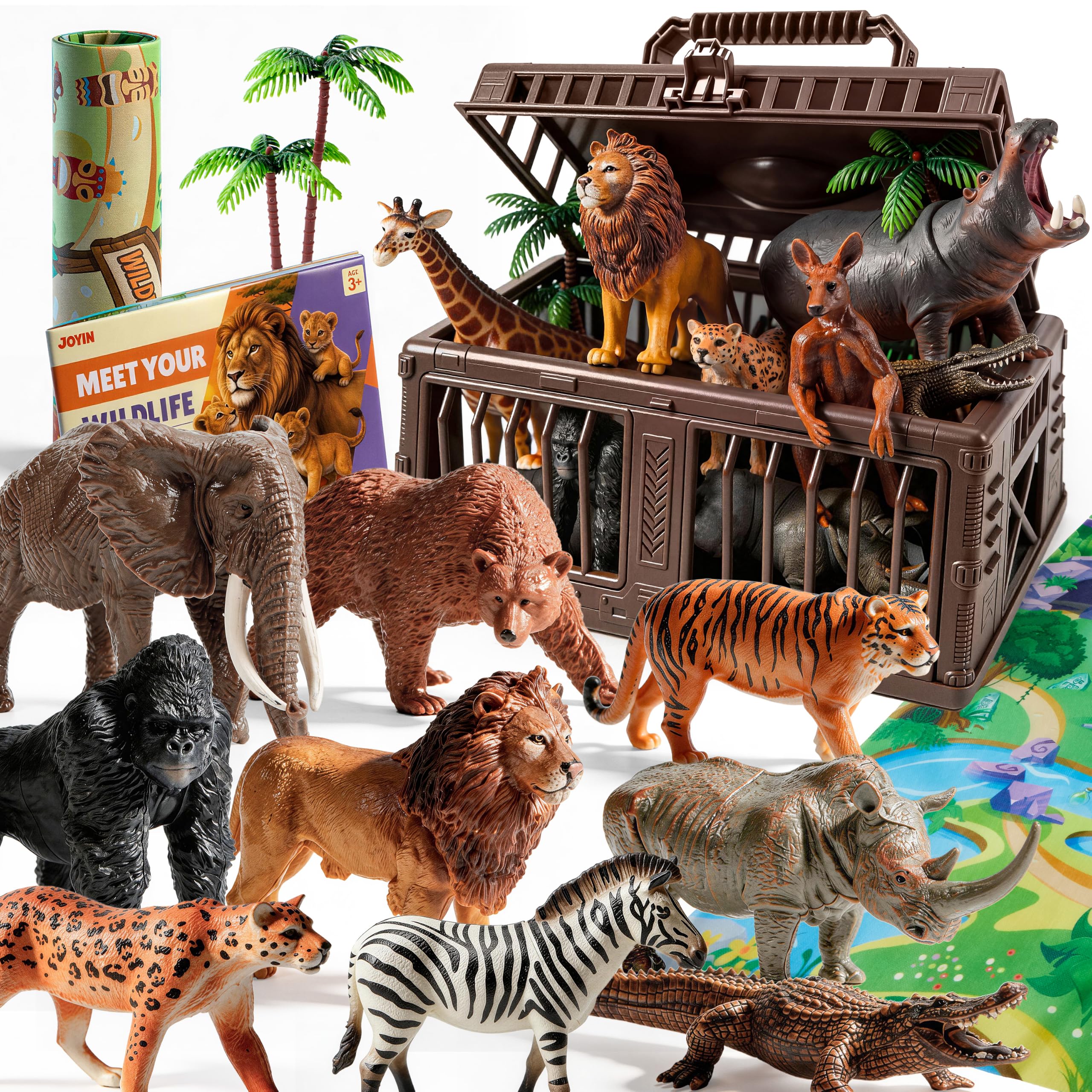 JOYIN Safari Animals Toys with Play Mat & Storage Cage & Educational Book