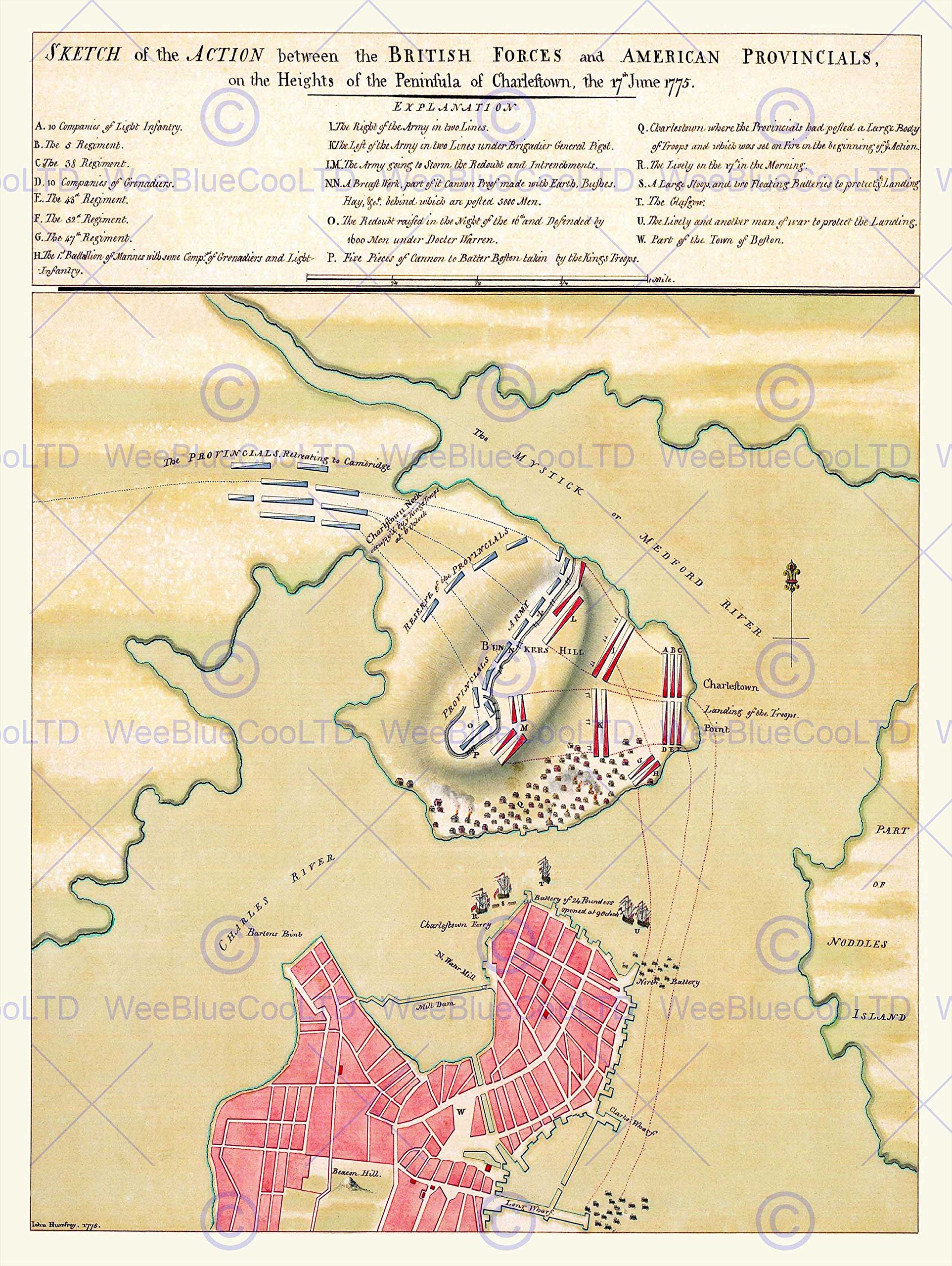 MAP WAR AMERICAN INDEPENDENCE 1775 BATTLE PLAN BUNKER HILL ART PRINT HP1445