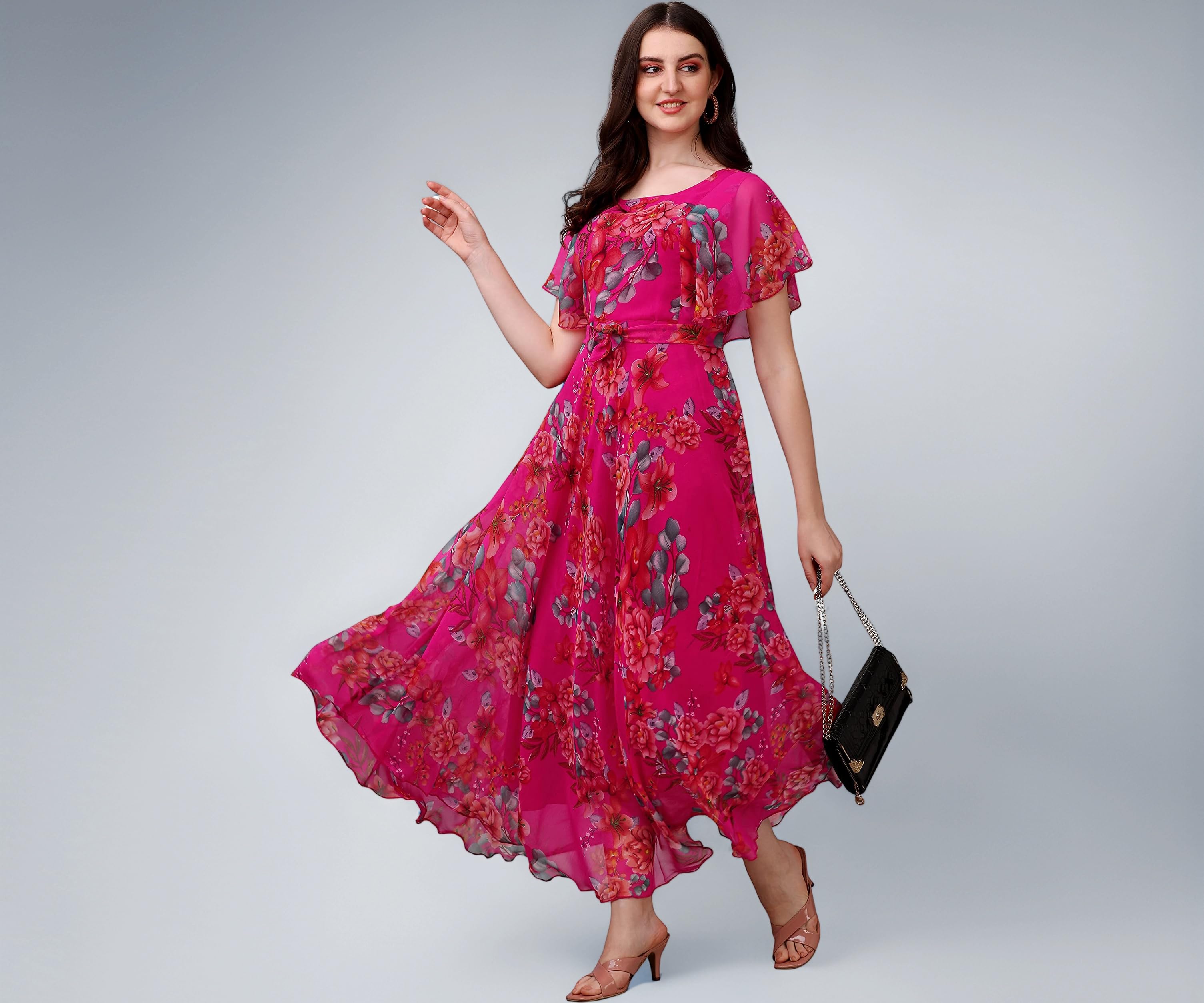 Fashion2wear Women's Georgette Floral Digital Print Short Sleeve Full-Length Fit & Flare Long Gown Dress for Girls (ET-CYWN-E1LE)
