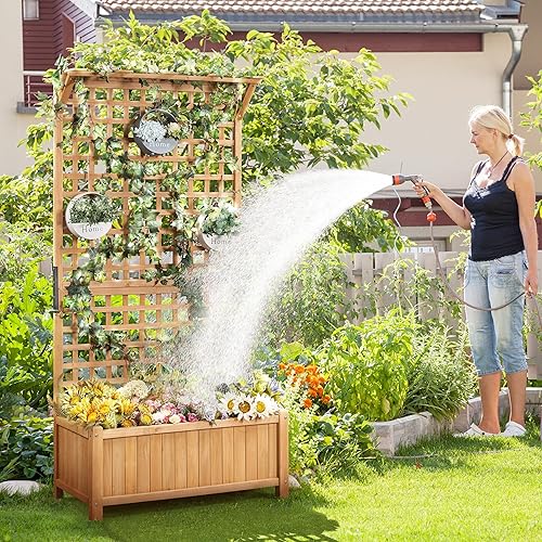Miniatura 3 de Yaheetech Maceta de jardín de 72 pulgadas de alto con enrejado para plantas trepadoras de vid caja de jardín al aire libre con agujeros de drenaje