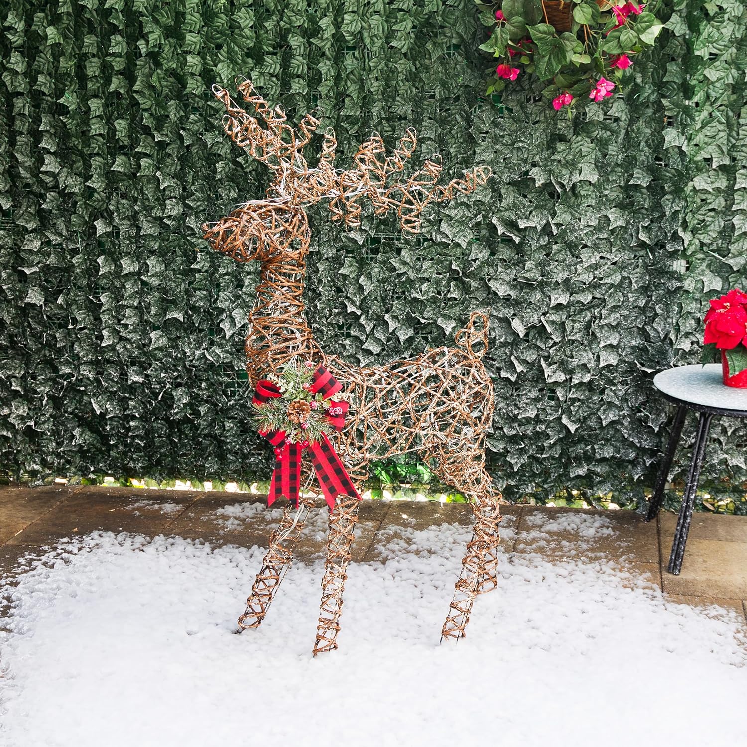 Rattan Standing Reindeer with Bow and LED Lights 49" H - Reindeer w/ LEDs