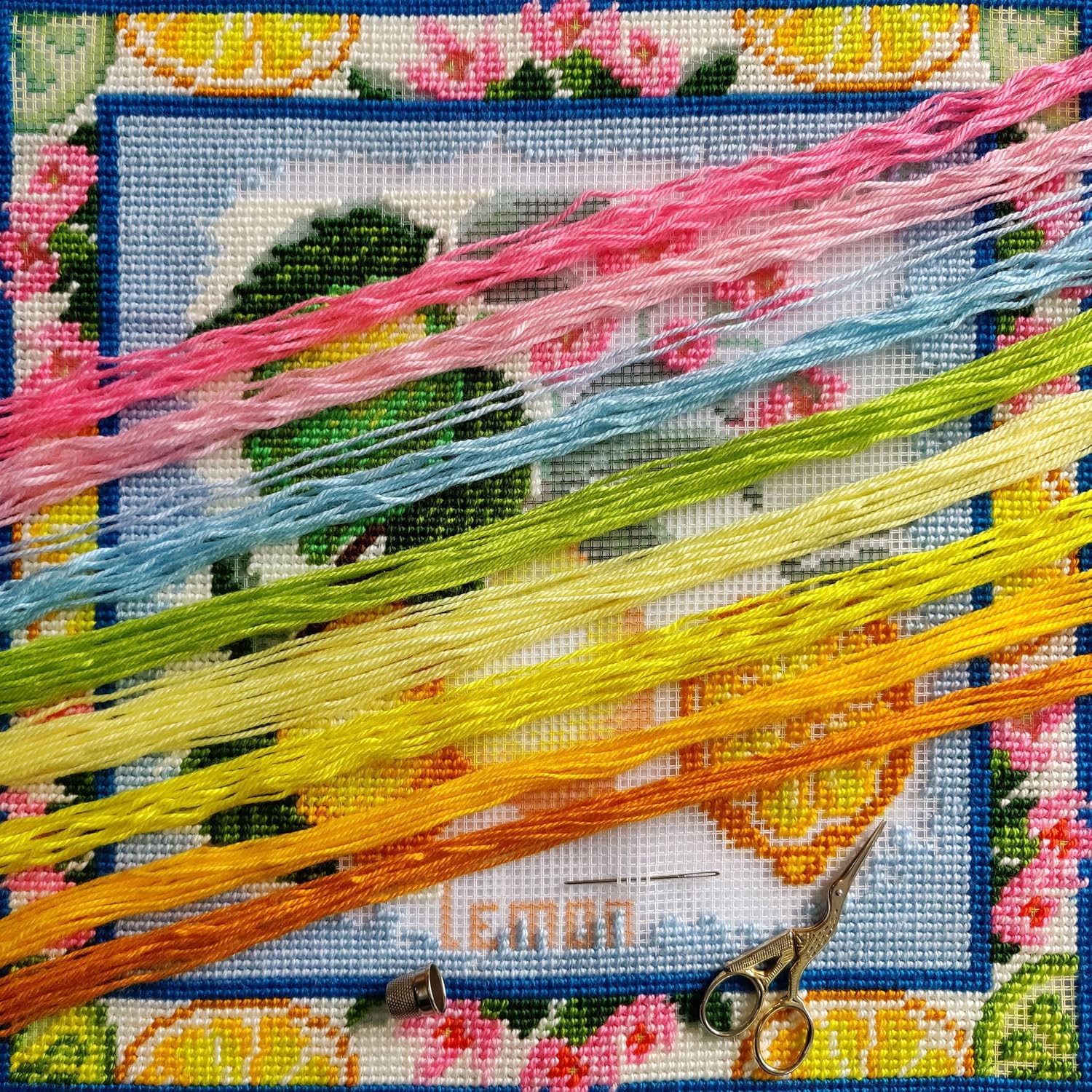 Brvsk Kitchen Embroidery Kit for Adults and Beginners — Lemons 16″ × 16″ with Clear, Precise Printed Design on Cotton Canvas; Includes 2 Needles, Yarn, and Easy-Read Chart