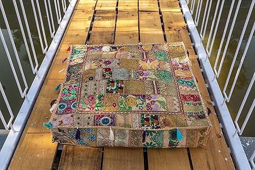 THE ART BOX Almohadas y fundas de cojín bordadas vintage de retazos de algodón, puf para perro, puf de meditación, ropa de cama para mascotas, cama