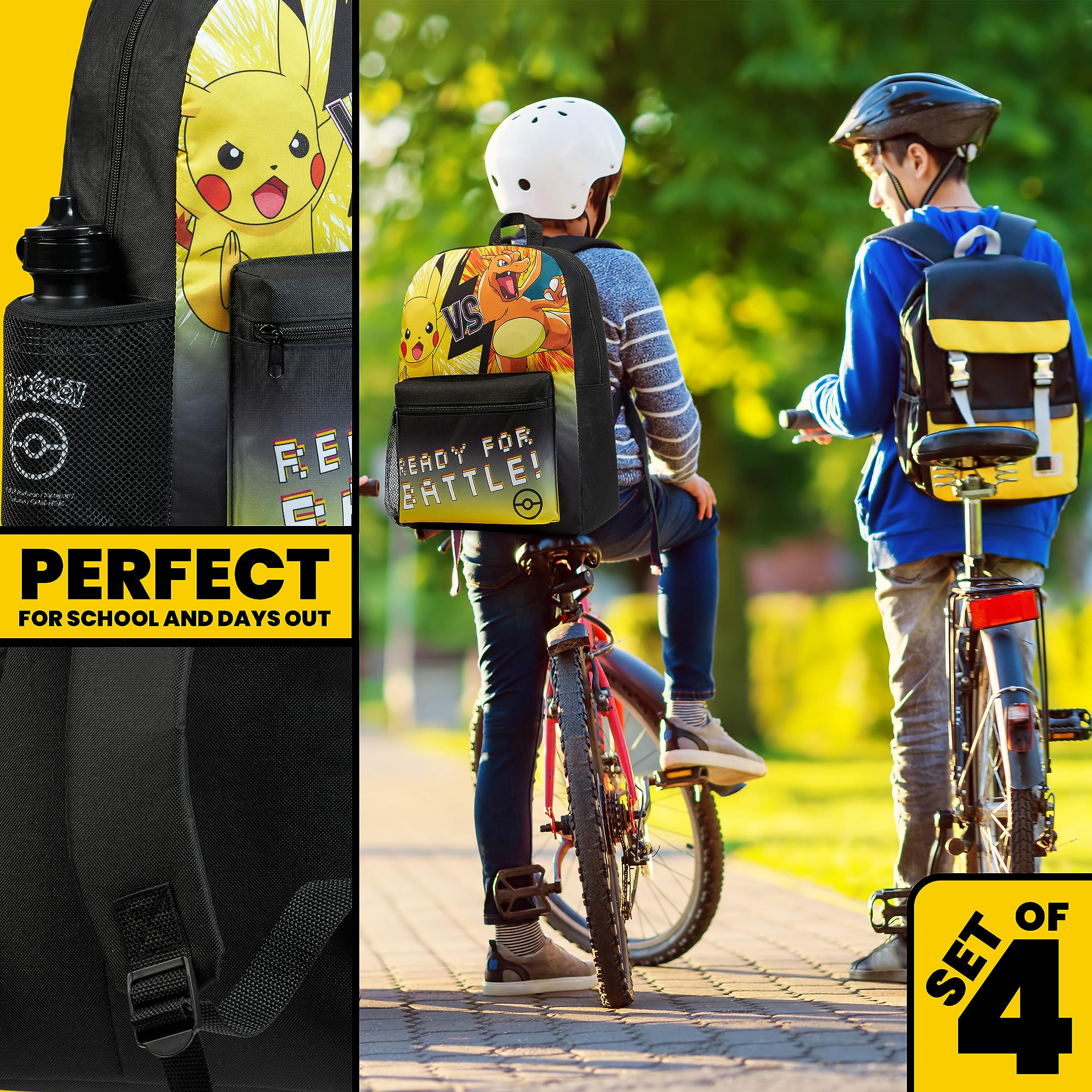 Pokémon Pokemon Kids Backpack 4 -częściowy zestaw szkolnych materiałów szkolnych Prochosek izolowany lunch pudełko na lunch Pencil Case BPA za darmo 500 ml butelka z wodą Pikachu Powrót do szkoły dla chłopców Jeden Rozmiar Czarno żółty