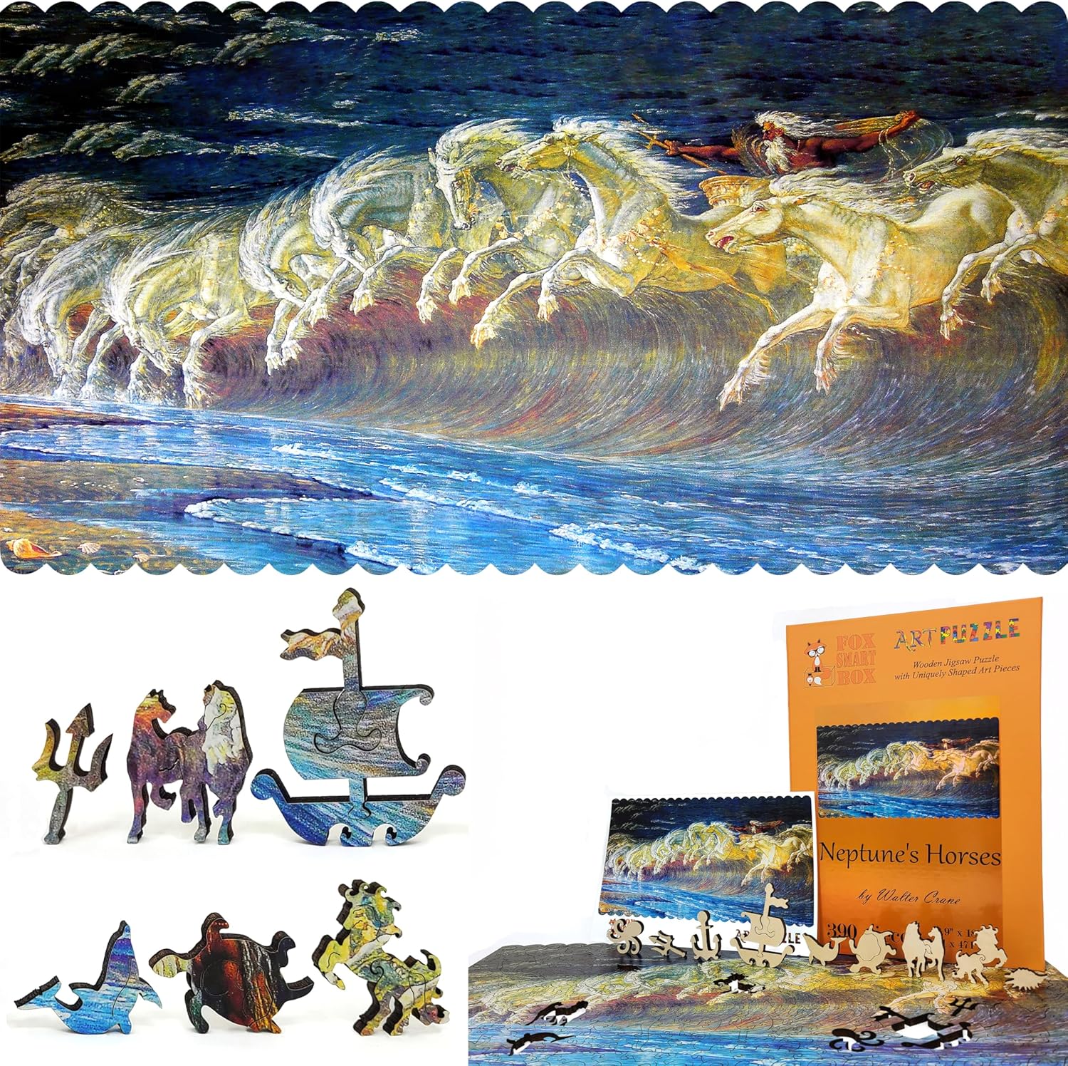 Wooden Jigsаw Puzzle for Adults - Uniquely Shaped Pieces - Made in The USA by FoxSmartBox - 390 Pieces - Neptune's Horses