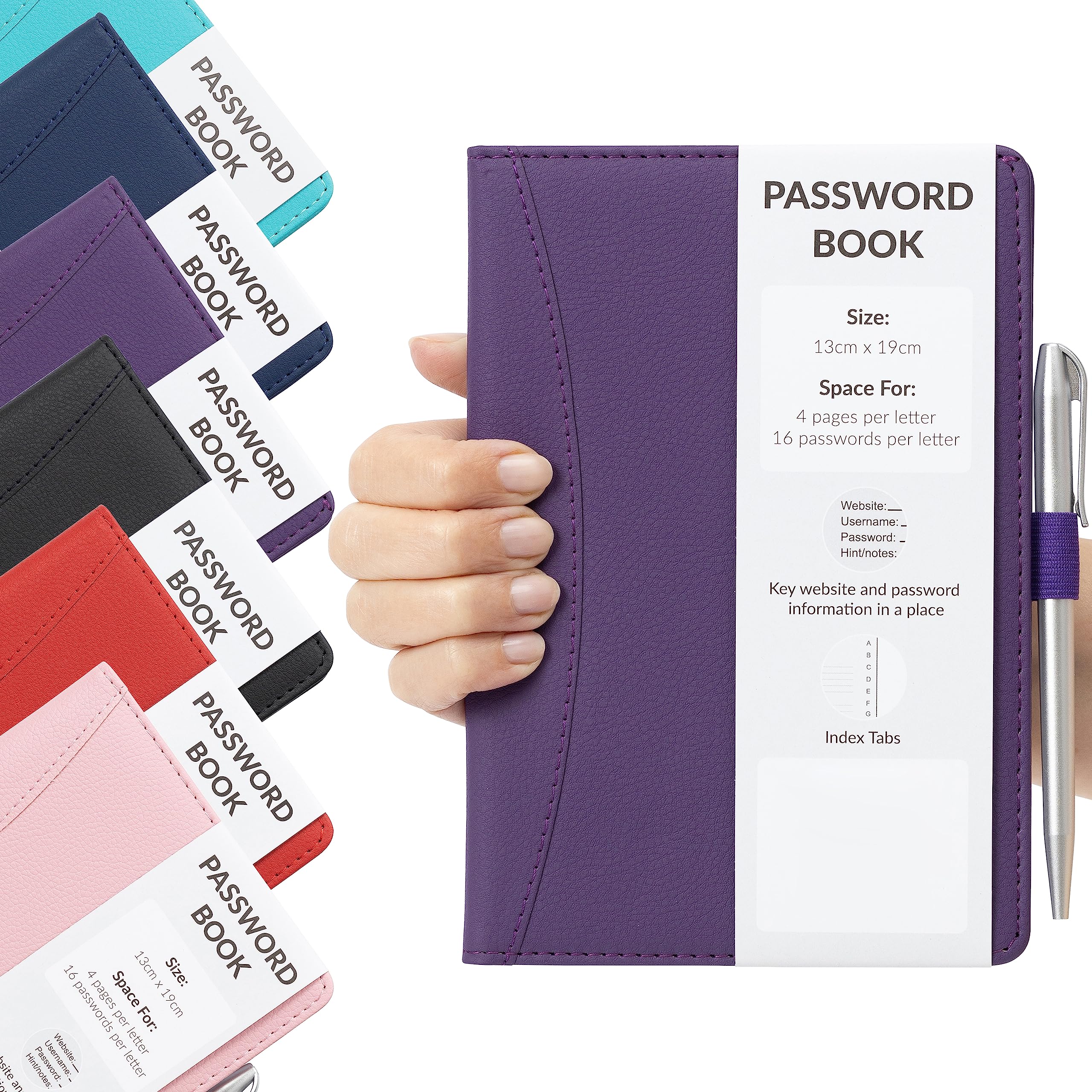 Password Book Alphabetical with Tabs A-Z Index Hardback for Internet Website Address Contacts Password Organizer with Pen (13cm x 19cm, Purple)