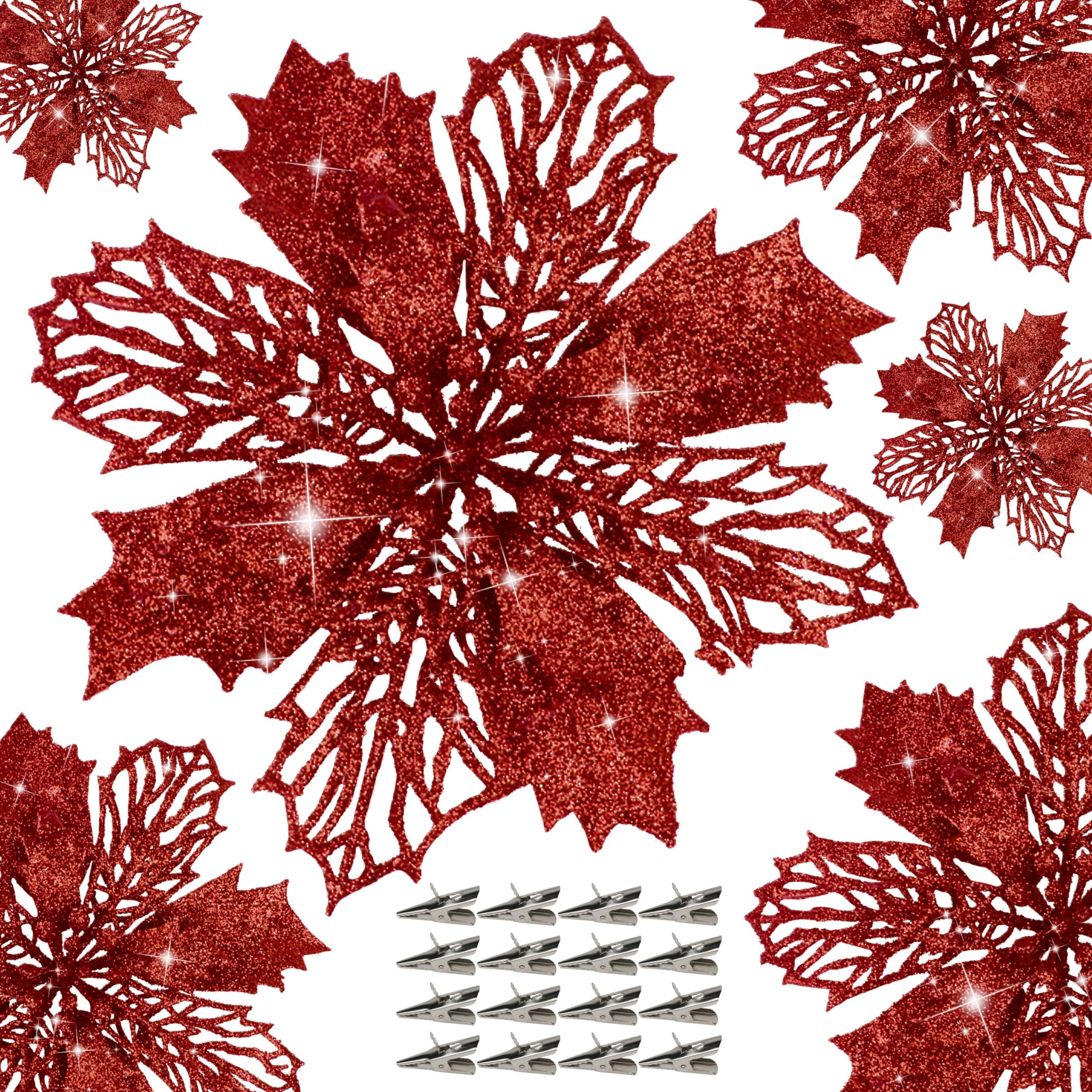 14 PCS Poinsettia Flower Artificial Poinsettia with Clips Christmas Decor Glitter Poinsettia Christmas Ornaments Christmas Tree Flower Decorations with Stems DIY Xmas Wreath Holiday Home Party Decor